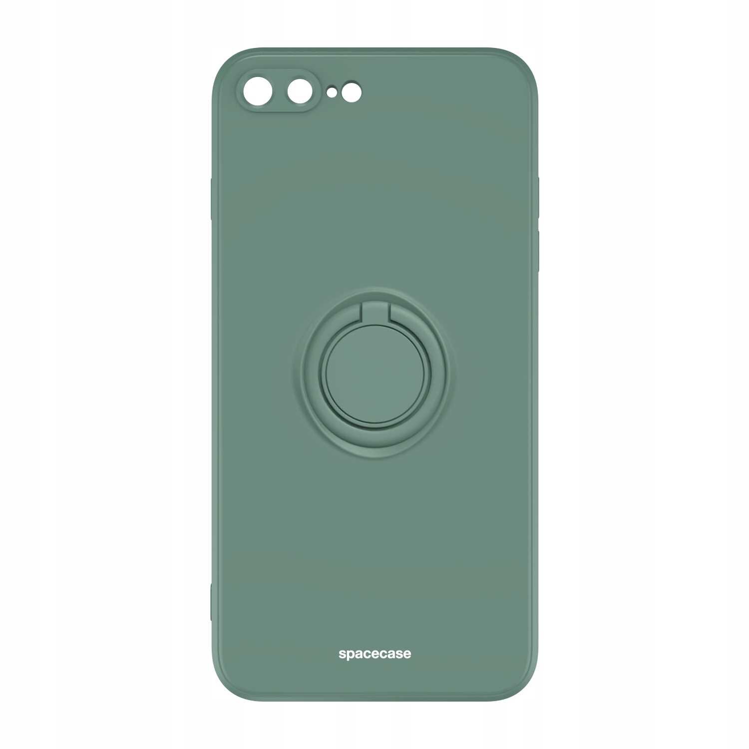 Zielone silikonowe etui z pierścieniem na tylnej stronie, przeznaczone do iPhone 7/8 Plus. Na dole widoczny jest napis \'spacecase\'.