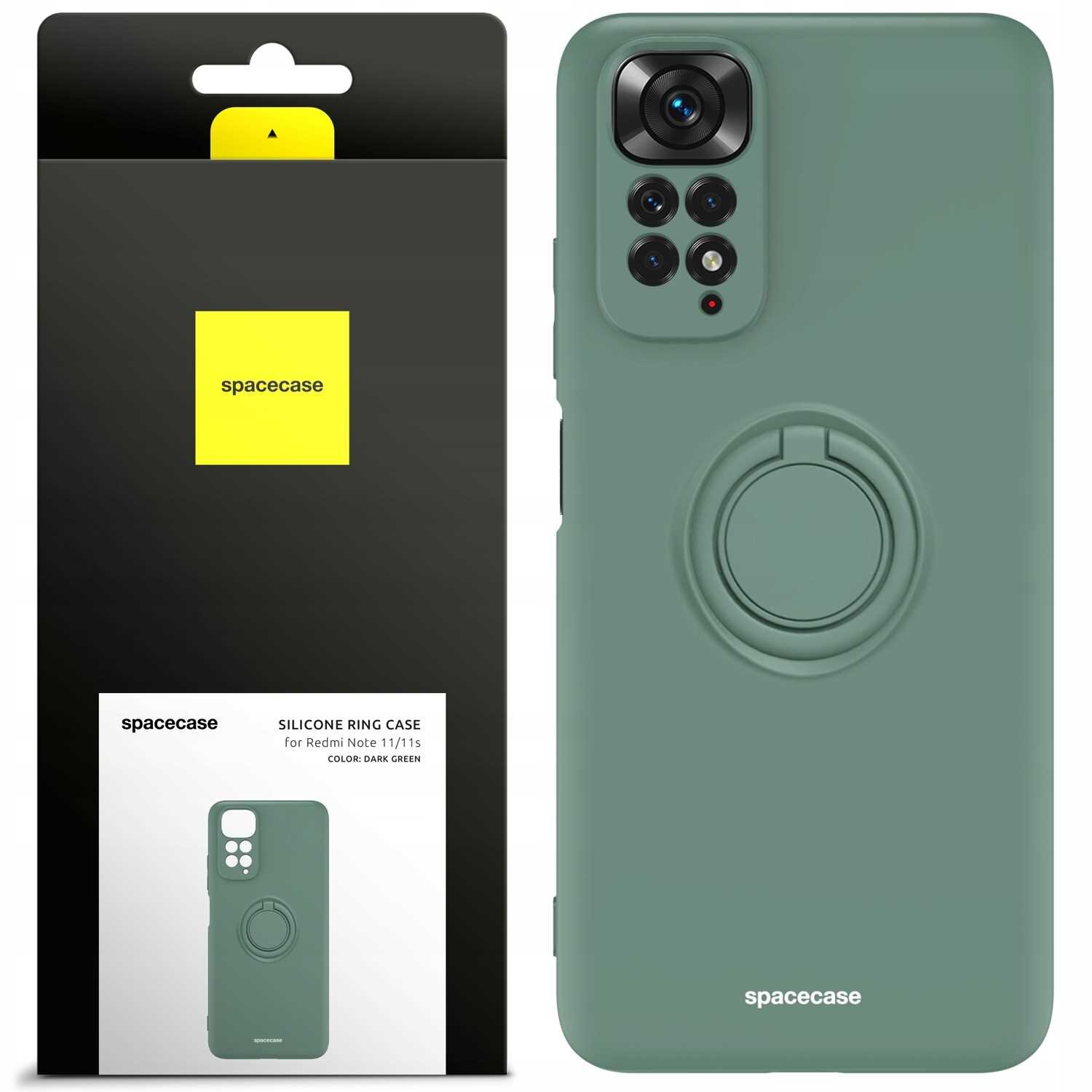 Zielone silikonowe etui z pierścieniem na telefon, zapakowane w czarne opakowanie z żółtym logo \'spacecase\'. Na opakowaniu widnieje napis: \'SILICONE RING CASE for Redmi Note 11/11s COLOR: DARK GREEN\'.