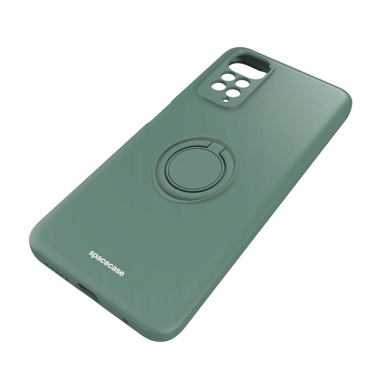 Zielone silikonowe etui z pierścieniem na tylnej stronie, przeznaczone do telefonu z wycięciami na aparat. Na etui widoczne jest logo \'spacecase\'.