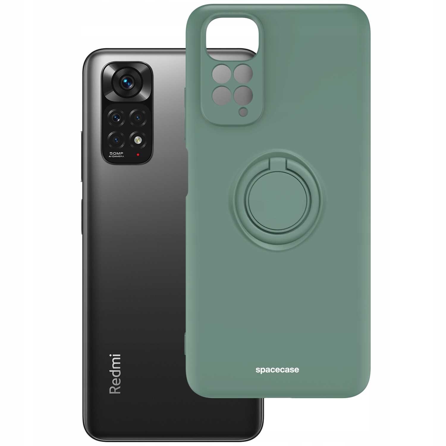 Obraz przedstawia zielone silikonowe etui z pierścieniem na telefon, obok którego znajduje się czarny telefon z widocznym napisem \'Redmi\' i aparatem fotograficznym. Na etui widoczny jest napis \'spacecase\'.
