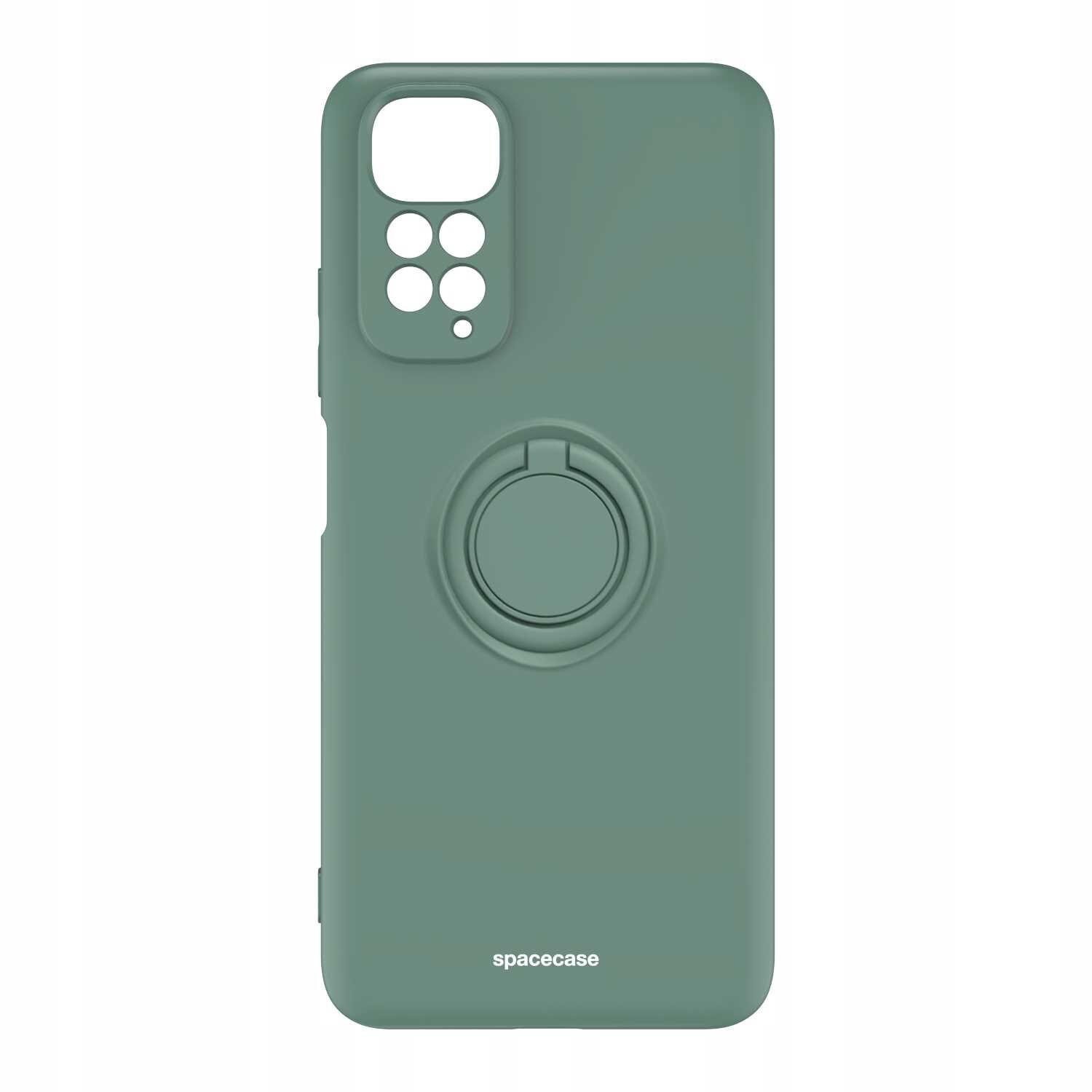 Zielone silikonowe etui z pierścieniem na tylnej stronie, przeznaczone do telefonu z wycięciami na aparat. Na dole widoczny jest napis \'spacecase\'.