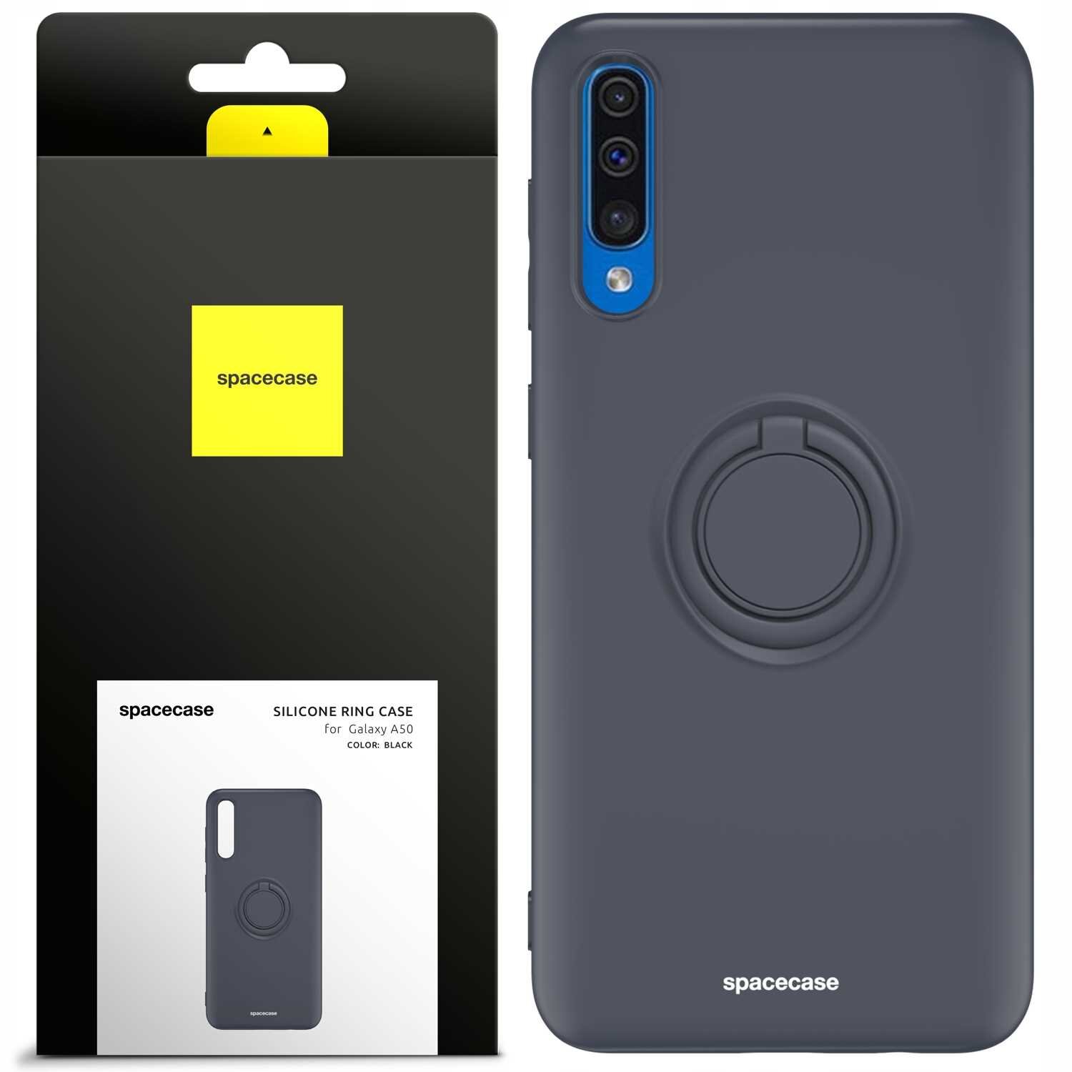Obraz przedstawia czarne silikonowe etui SPACECASE Silicone Ring Case do Galaxy A50 z pierścieniem na tylnej stronie. Opakowanie produktu jest czarne z żółtym logo \'spacecase\'.
