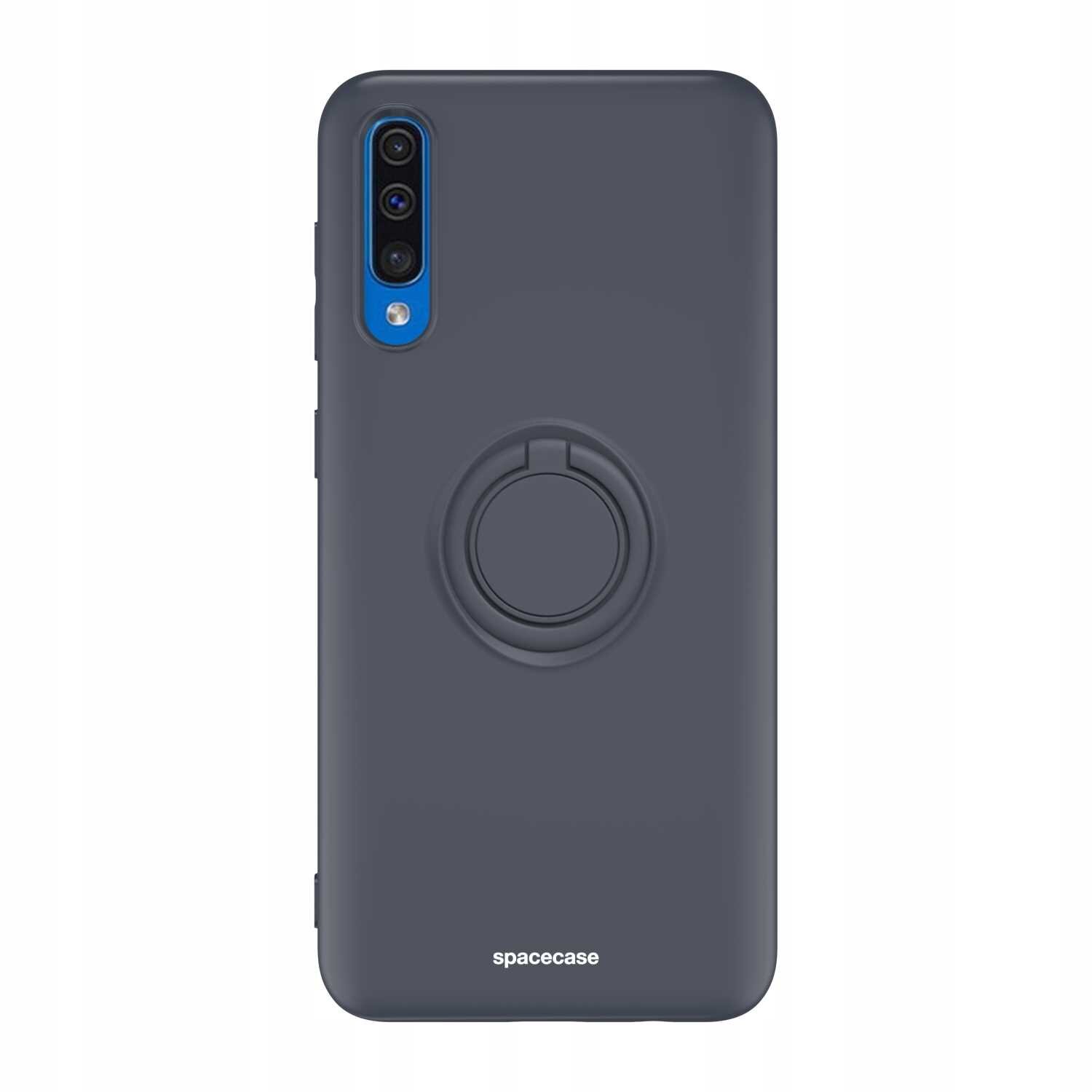 Czarne silikonowe etui z pierścieniem na tylnej części, przeznaczone do telefonu. Na dole widoczny jest napis \'spacecase\'.