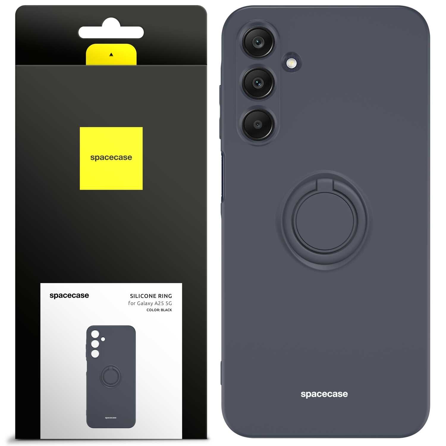 Obraz przedstawia czarne silikonowe etui z pierścieniem na telefon Galaxy A25 5G oraz opakowanie z logo \'spacecase\'. Na opakowaniu widnieje napis: \'SILICONE RING for Galaxy A25 5G COLOR: BLACK\'.