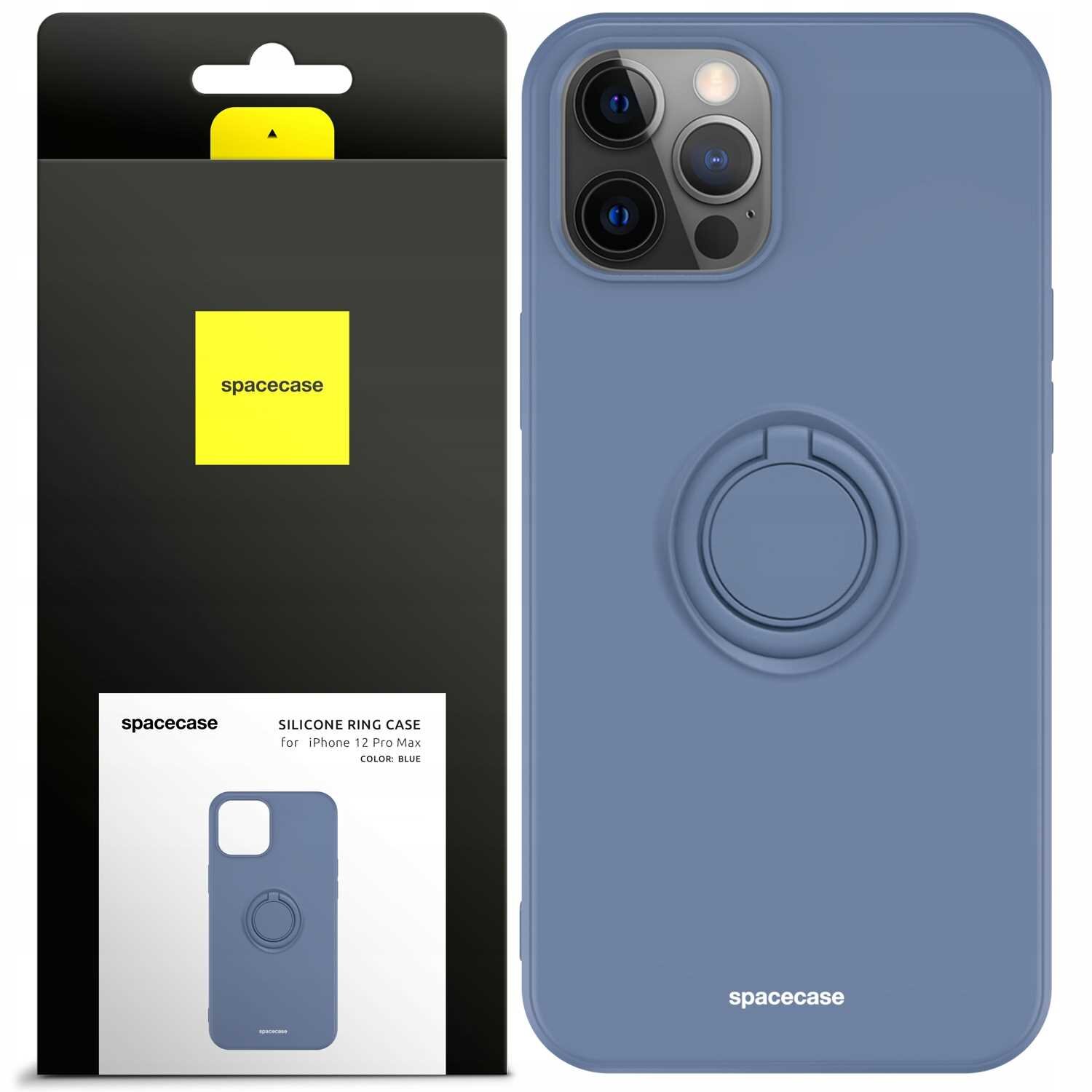Na obrazie widoczne jest niebieskie silikonowe etui z pierścieniem na iPhone 12 Pro Max oraz opakowanie z logo \'spacecase\'. Na opakowaniu znajduje się napis: \'SILICONE RING CASE for iPhone 12 Pro Max COLOR: BLUE\'.