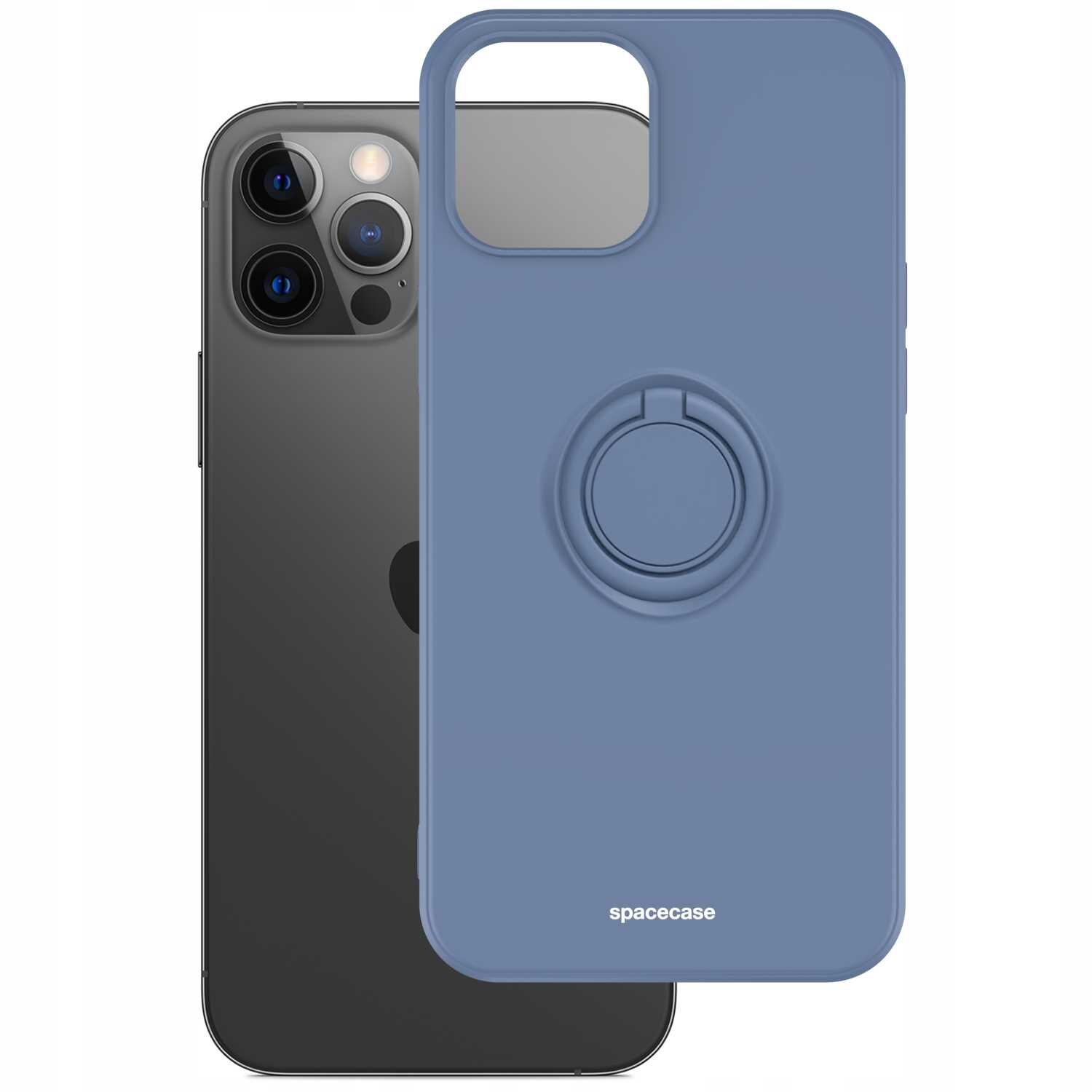 Na obrazie widoczne jest niebieskie silikonowe etui z pierścieniem, przeznaczone do telefonu. Na etui znajduje się napis \'spacecase\'.