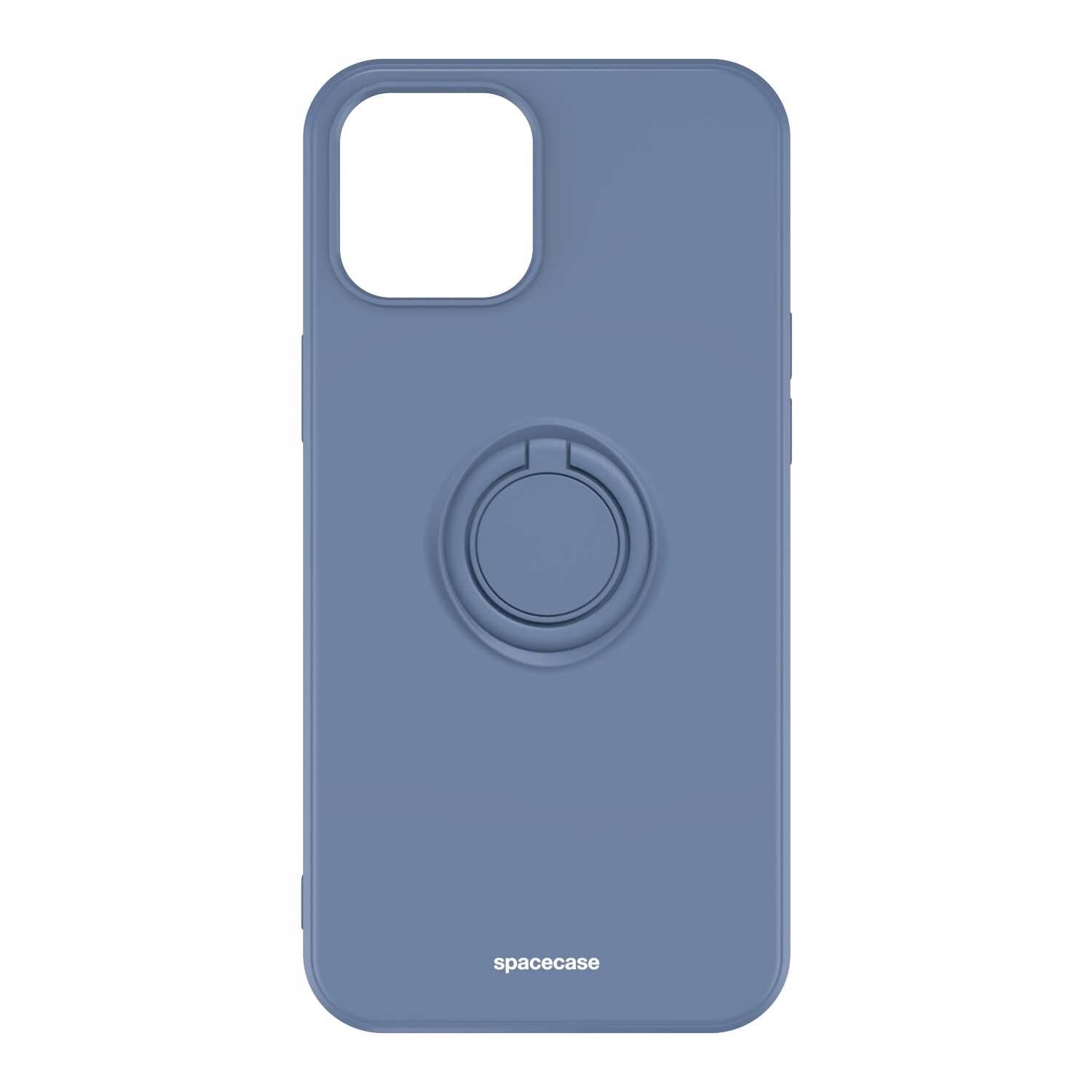 Niebieskie silikonowe etui z pierścieniem na tylnej stronie, przeznaczone do iPhone 12 Pro Max. Na dole widoczne jest logo \'spacecase\'.