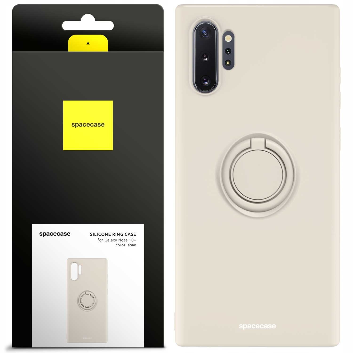 Beżowe silikonowe etui z pierścieniem do Galaxy Note 10+ marki spacecase. Opakowanie zawiera logo spacecase na żółtym tle oraz zdjęcie etui.