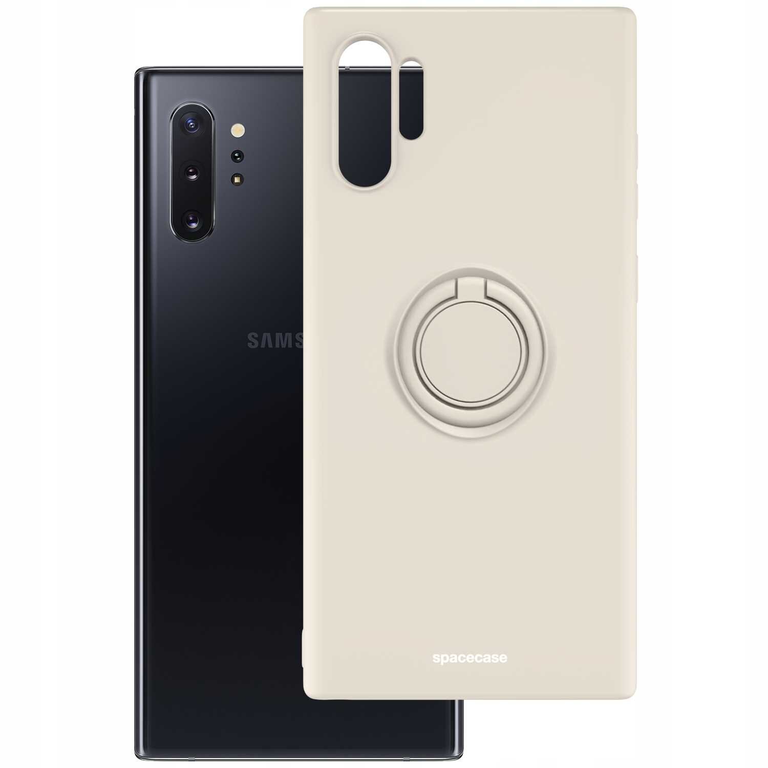 Beżowe silikonowe etui z pierścieniem, przeznaczone do Galaxy Note 10+, z widocznym logo \'spacecase\'.