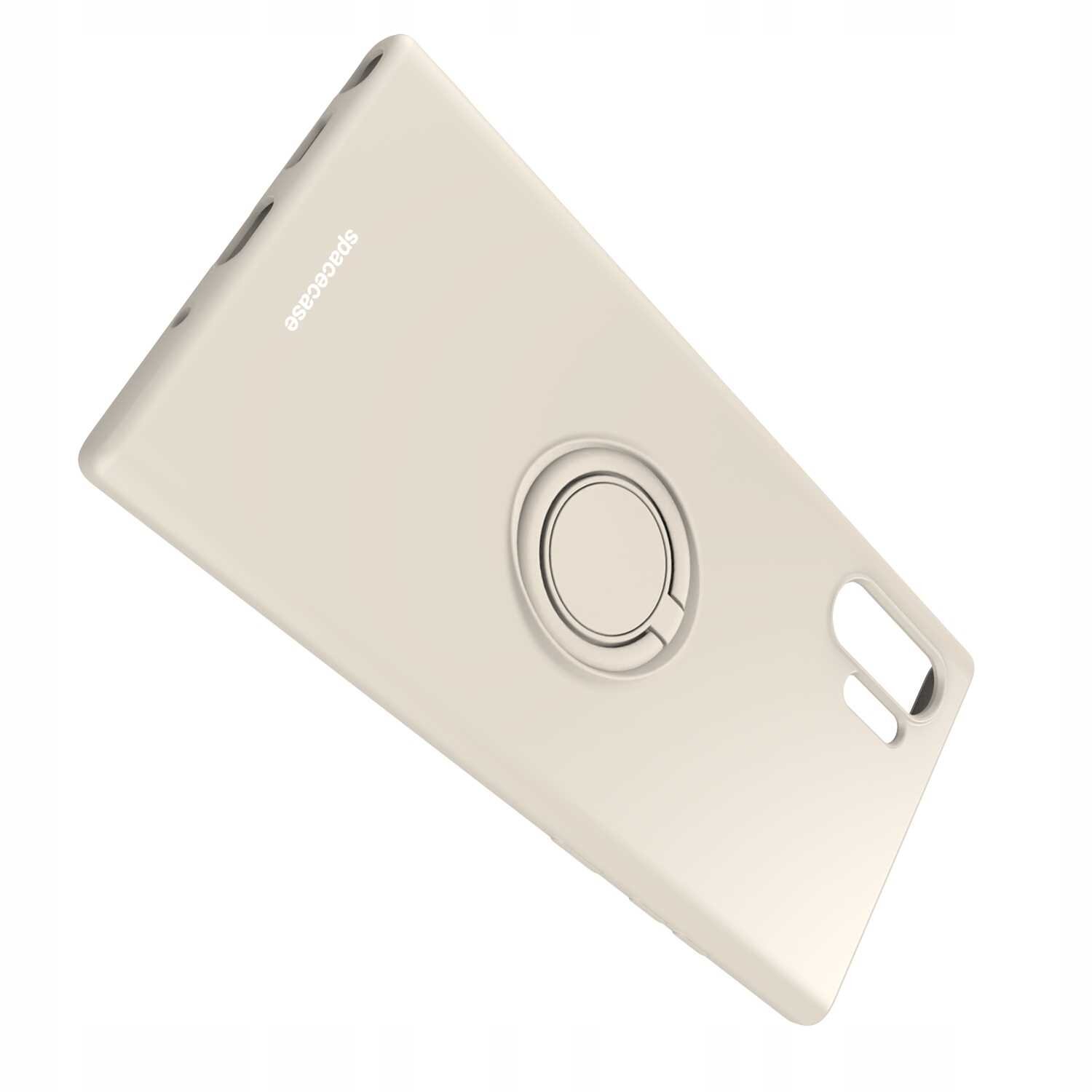 Beżowe silikonowe etui z pierścieniem na tylnej stronie, przeznaczone do Galaxy Note 10+. Na etui widoczne jest logo \'spacecase\'.