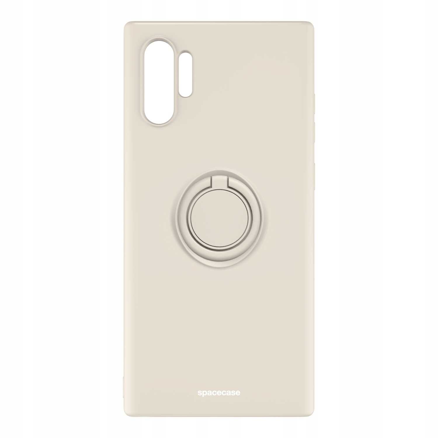 Beżowe silikonowe etui z pierścieniem na tylnej stronie, przeznaczone do Galaxy Note 10+. Na dole widoczny jest napis \'spacecase\'.