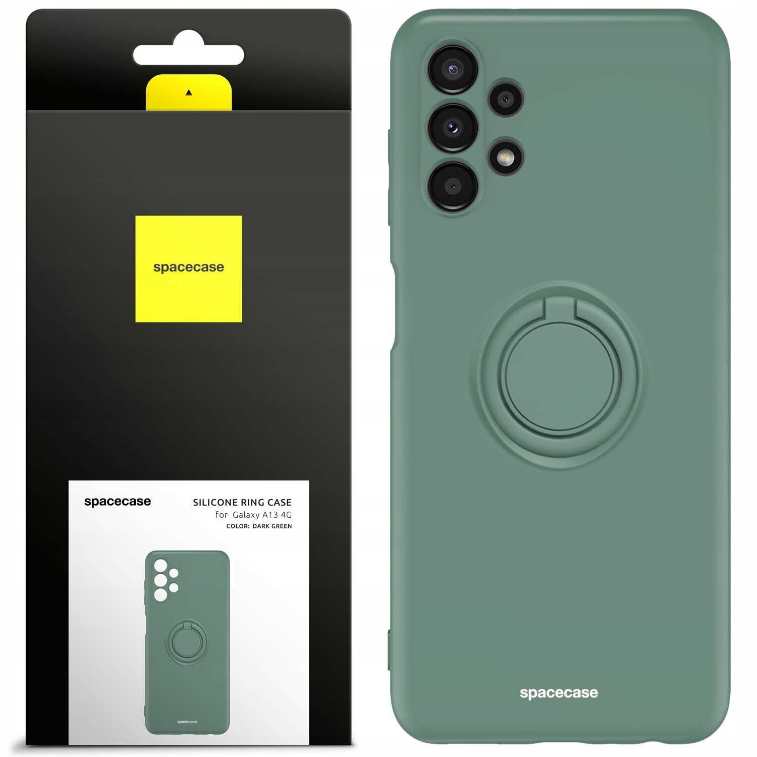 Zielone silikonowe etui z pierścieniem na tył telefonu, obok opakowanie z logo \'spacecase\'.