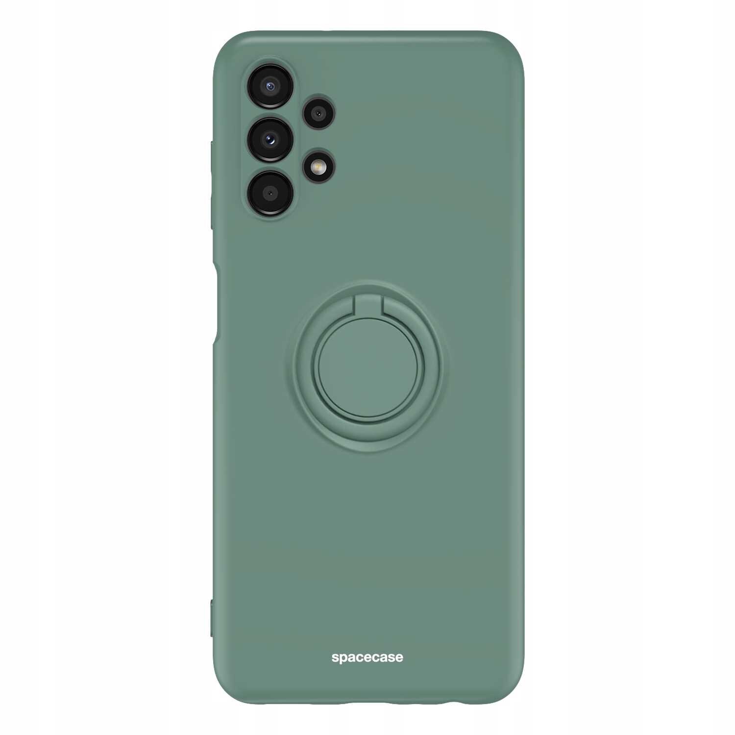 Zielone silikonowe etui z pierścieniem na tylnej stronie, przeznaczone do telefonu z czterema widocznymi obiektywami aparatu. Na dole widoczny jest napis \'spacecase\'.