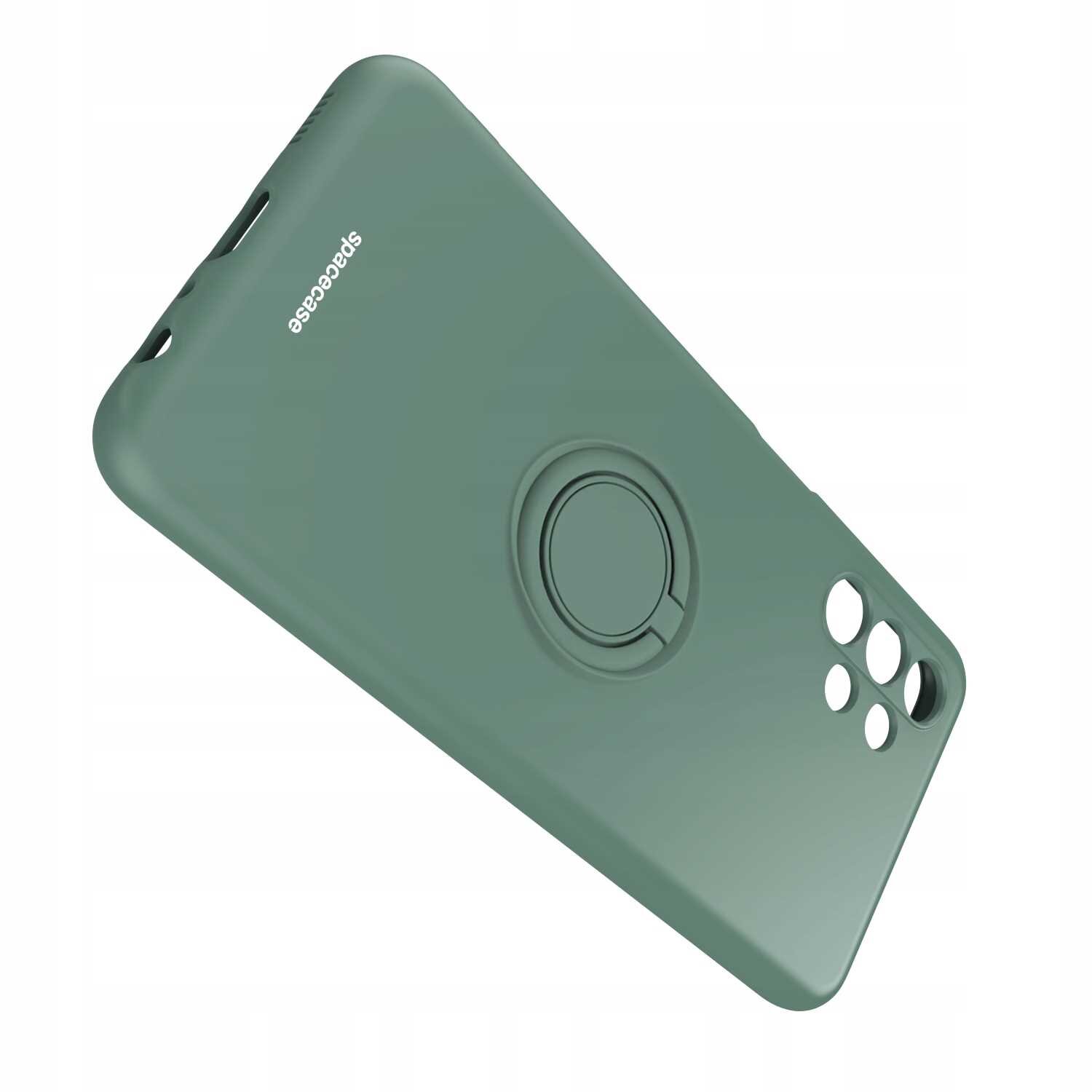 Zielone silikonowe etui z napisem \'spacecase\' i wbudowanym pierścieniem na tylnej stronie. Etui posiada wycięcia na aparat i inne elementy telefonu.