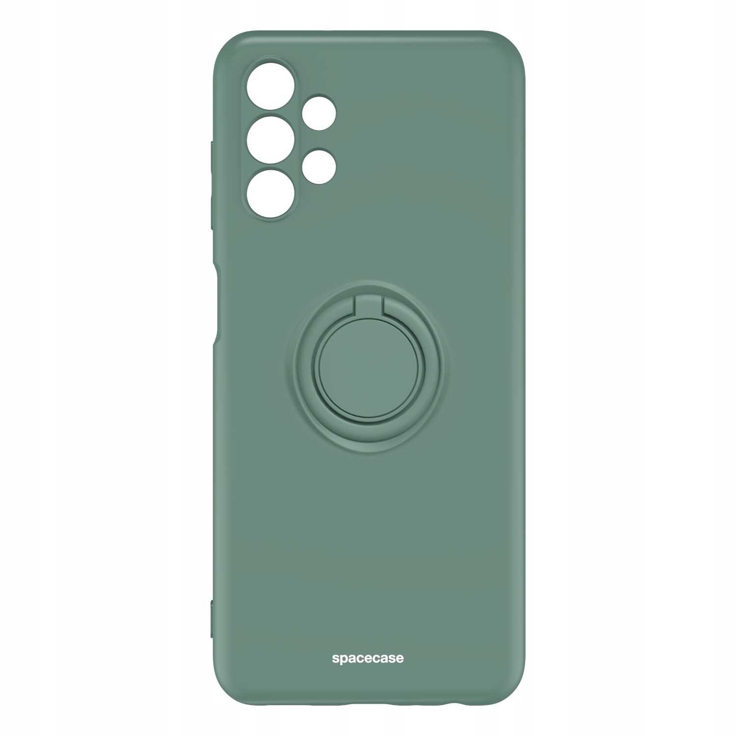 Zielone silikonowe etui z pierścieniem na tylnej stronie, posiada wycięcia na aparat i logo \'spacecase\' na dole.