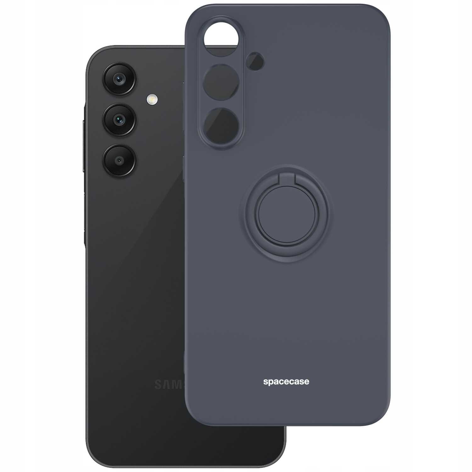 Na obrazie widoczne jest czarne silikonowe etui z napisem \'spacecase\', posiadające pierścień na tylnej części. Obok znajduje się czarny smartfon z trzema aparatami i logo \'Samsung\'.