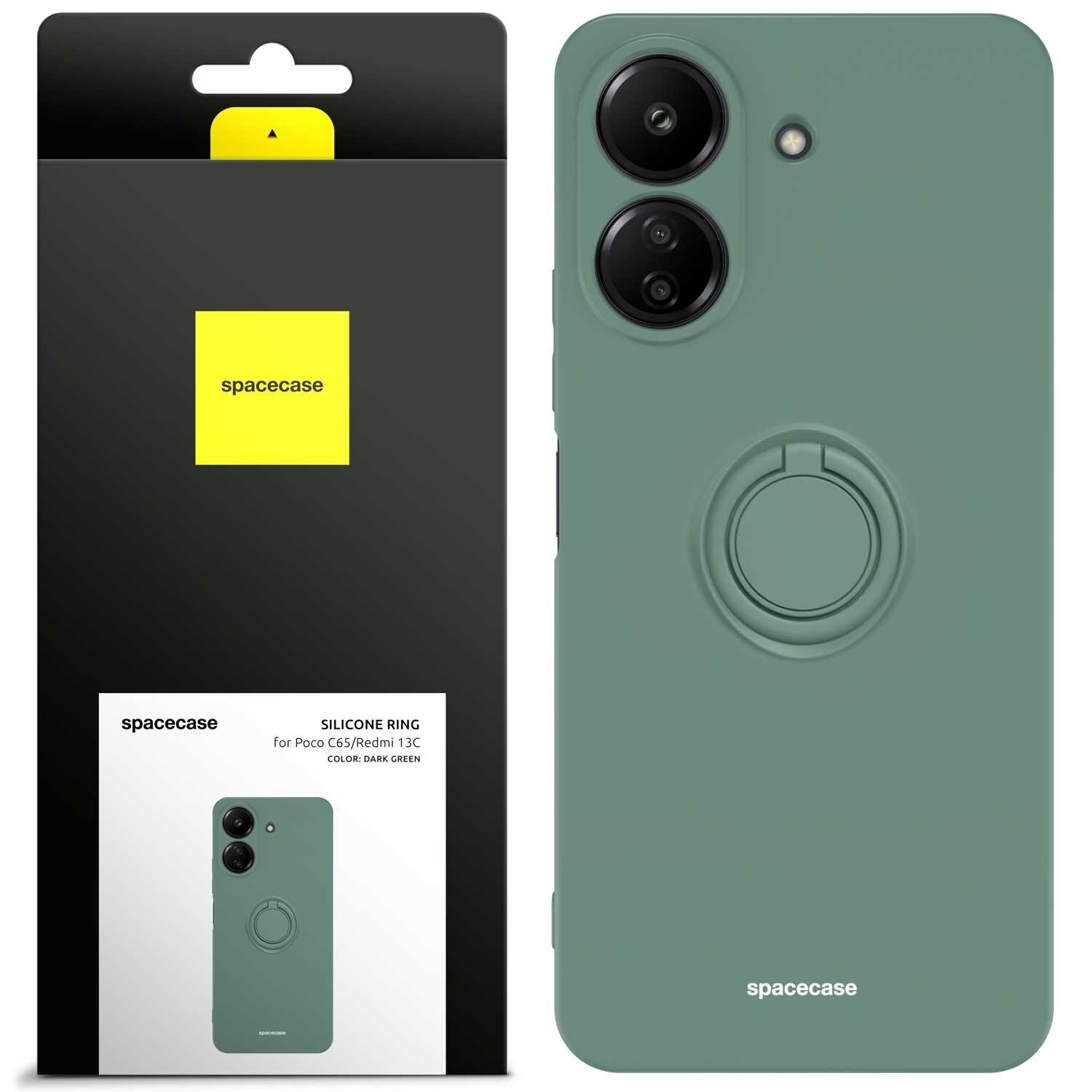 Zielone silikonowe etui z pierścieniem, przeznaczone do modeli Redmi 13C 4G / Poco C65, widoczne obok opakowania z logo \'spacecase\'.