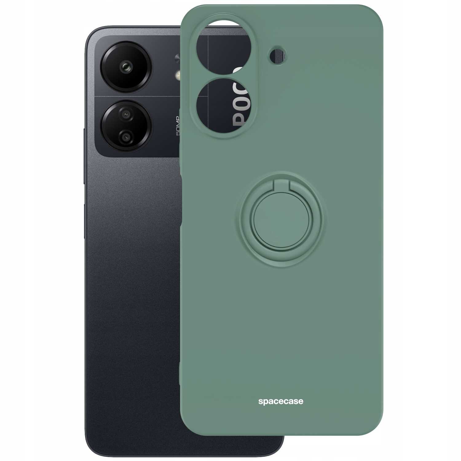Zielone silikonowe etui z pierścieniem na tylnej stronie, obok smartfona z widocznymi dwoma aparatami. Na etui widoczny jest napis \'spacecase\'.
