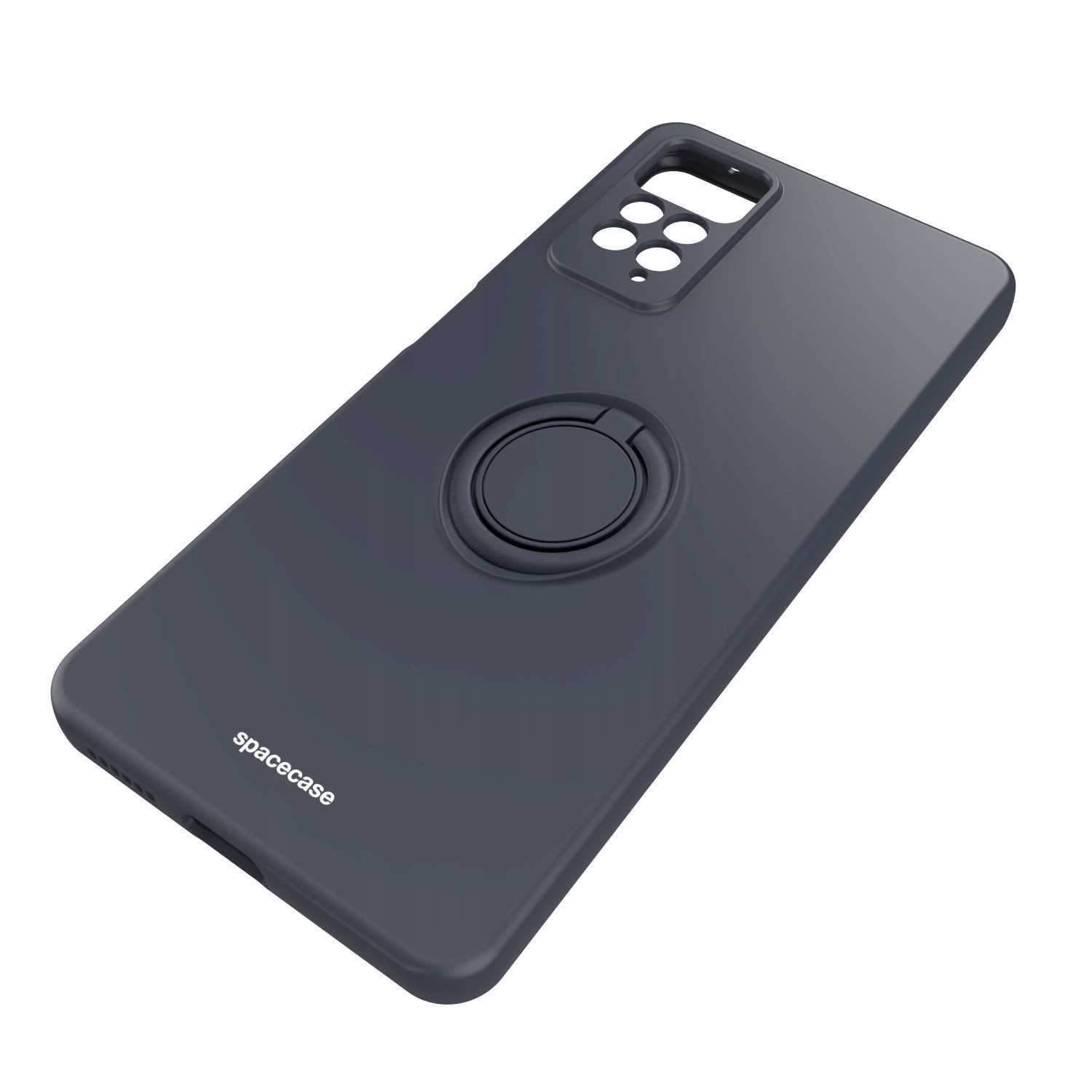 Czarne silikonowe etui z pierścieniem na tylnej części, przeznaczone do telefonu, z wycięciami na aparat. Widoczne logo: spacecase.