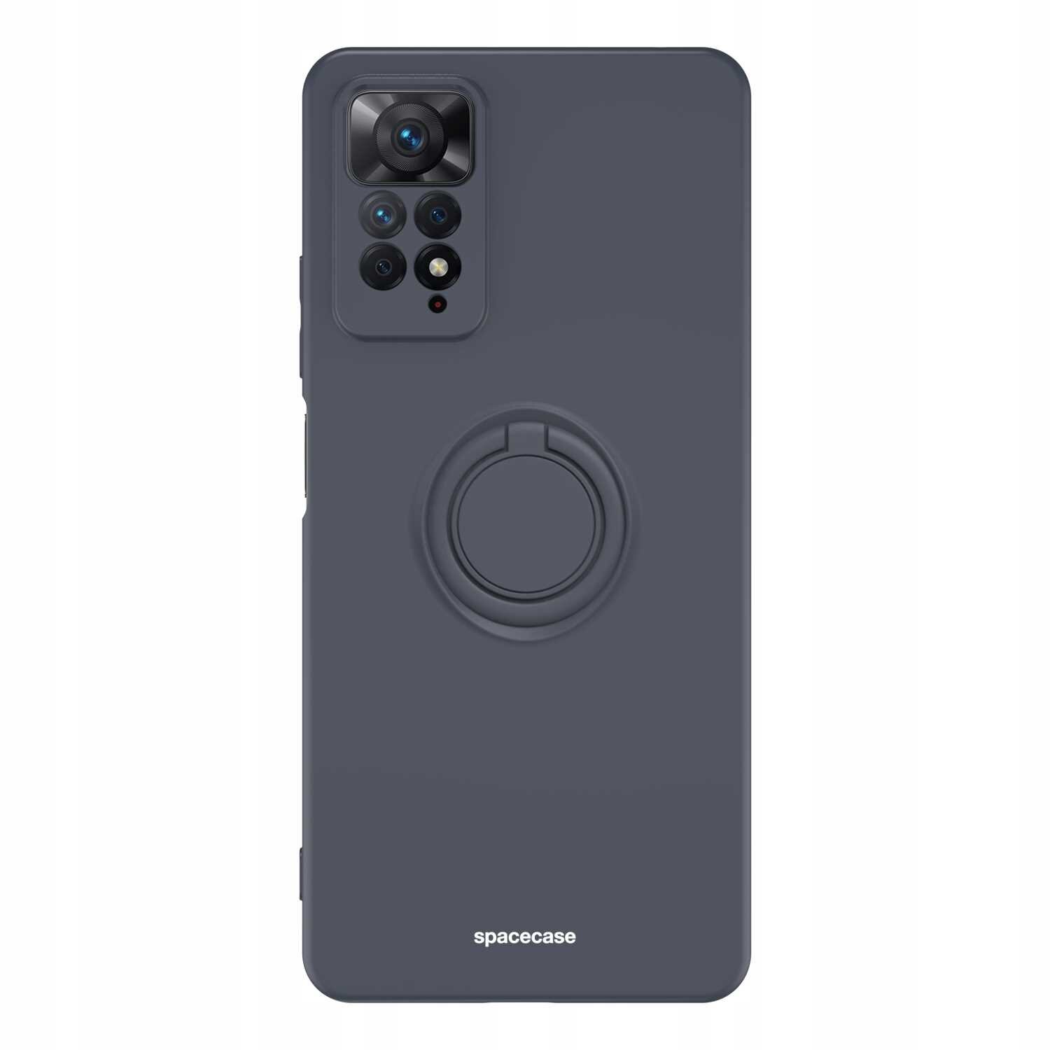 Czarne silikonowe etui z pierścieniem na tylnej stronie, przeznaczone do telefonu z widocznym modułem aparatu. Na dole etui znajduje się napis \'spacecase\'.