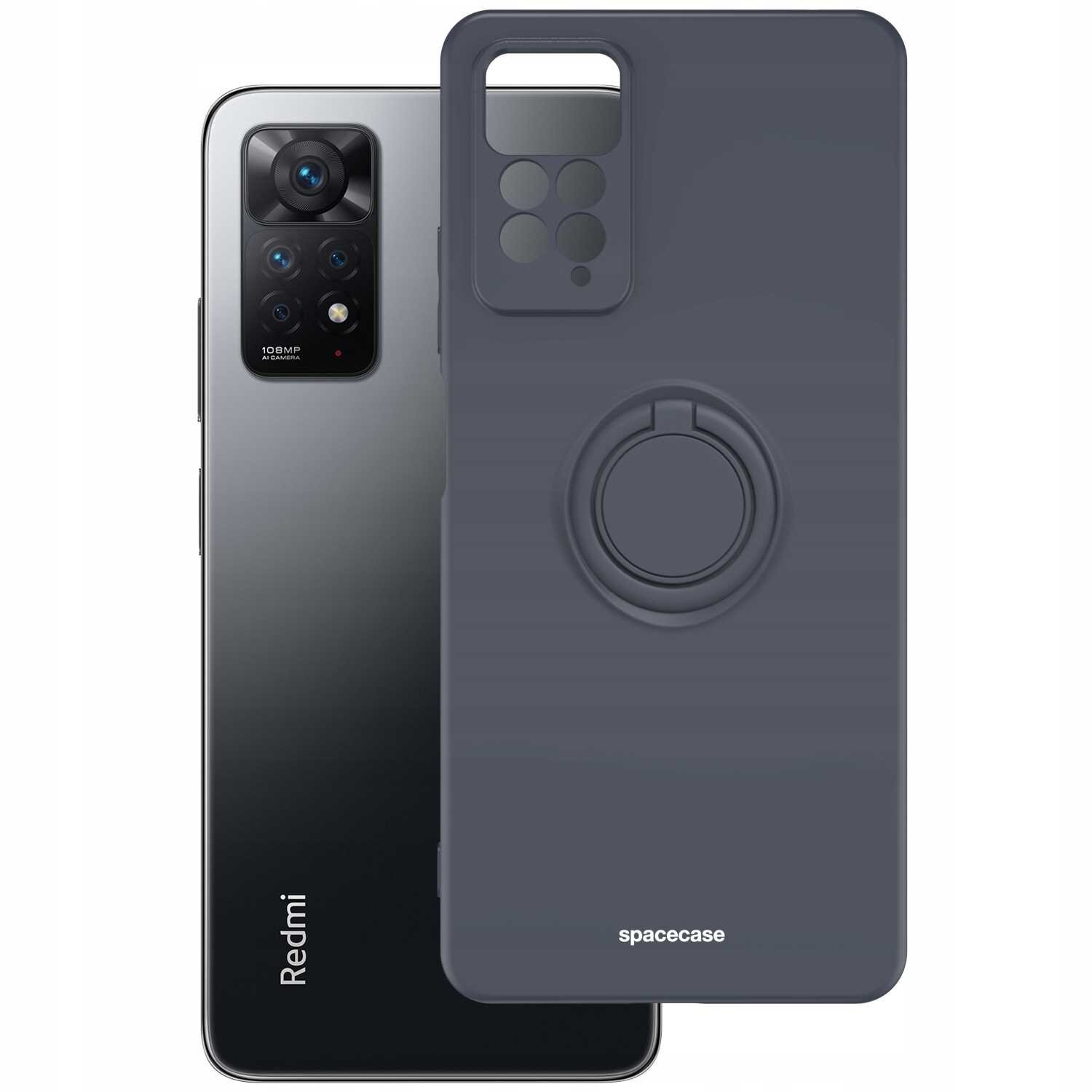 Na obrazie widoczne jest czarne silikonowe etui z pierścieniem, przeznaczone do telefonu Redmi Note 11 Pro. Na etui znajduje się napis \'spacecase\'.