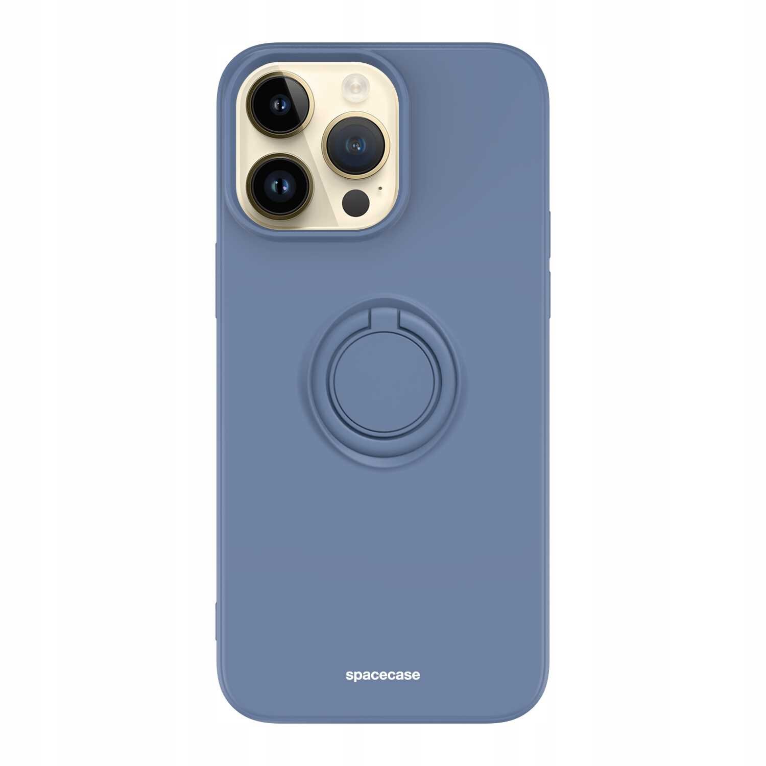 Niebieskie silikonowe etui z okrągłym uchwytem na tylnej stronie, przeznaczone do telefonu z trzema obiektywami aparatu. Na dole widoczny jest napis \'spacecase\'.