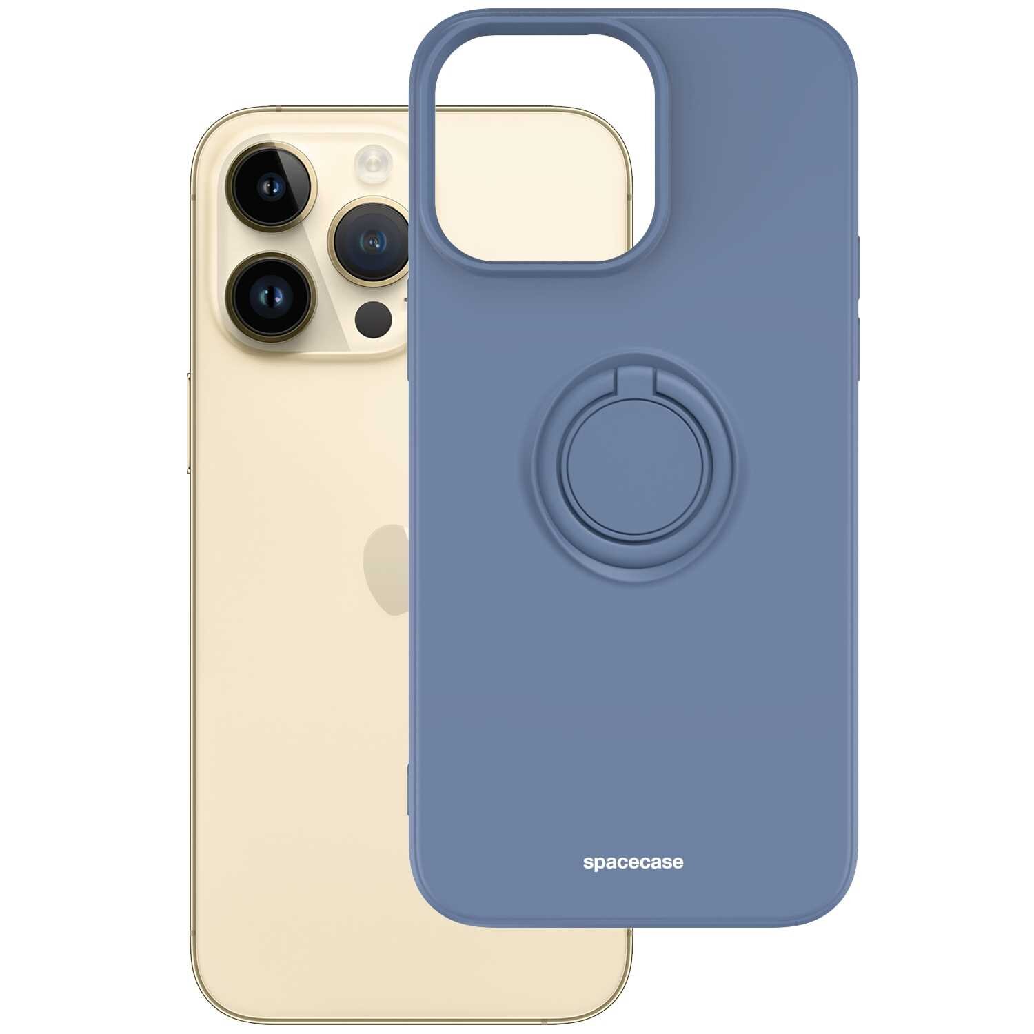 Na obrazie widoczne jest niebieskie silikonowe etui z pierścieniem, obok złotego telefonu z trzema aparatami. Na etui znajduje się napis \'spacecase\'.