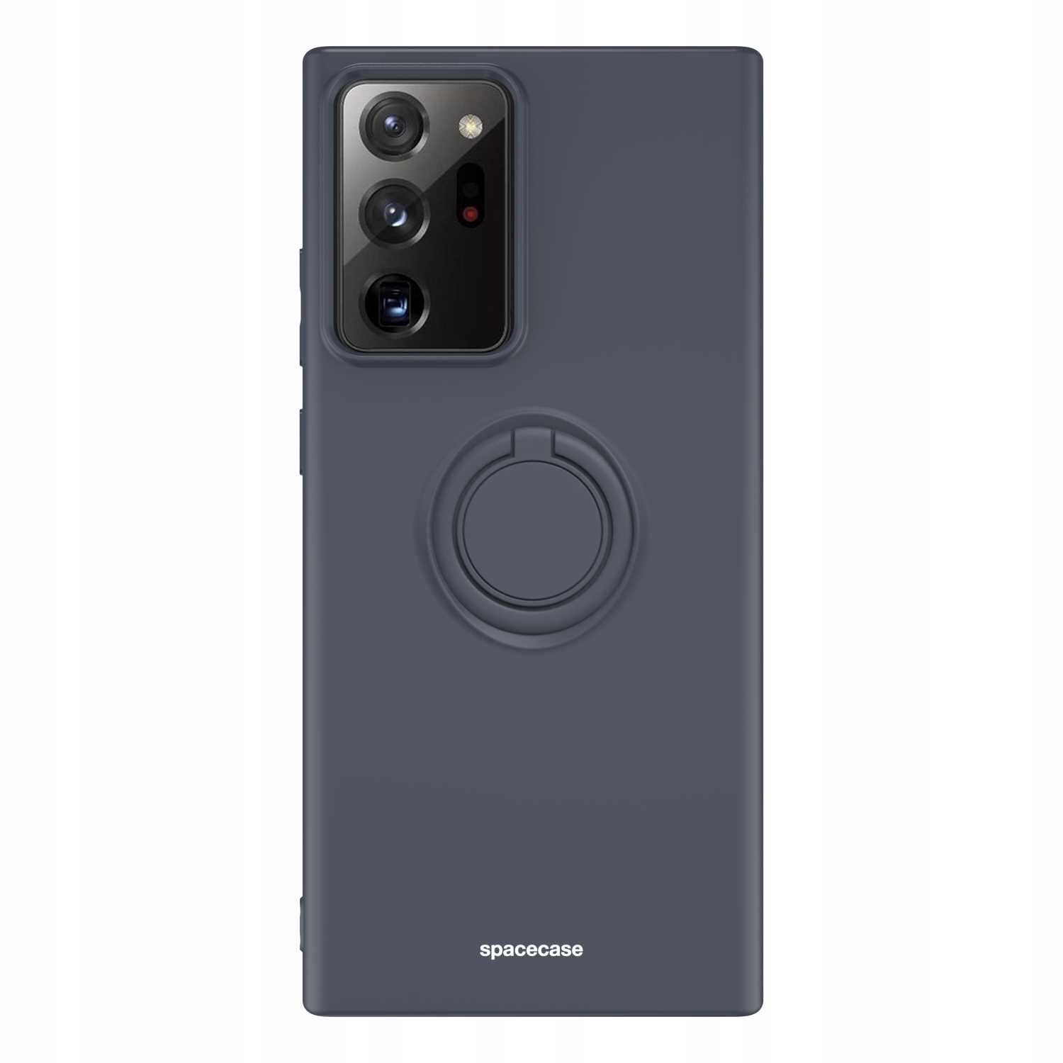 Czarne silikonowe etui z pierścieniem na tylnej stronie, przeznaczone do telefonu z trzema obiektywami aparatu. Na dole widoczny jest napis \'spacecase\'.