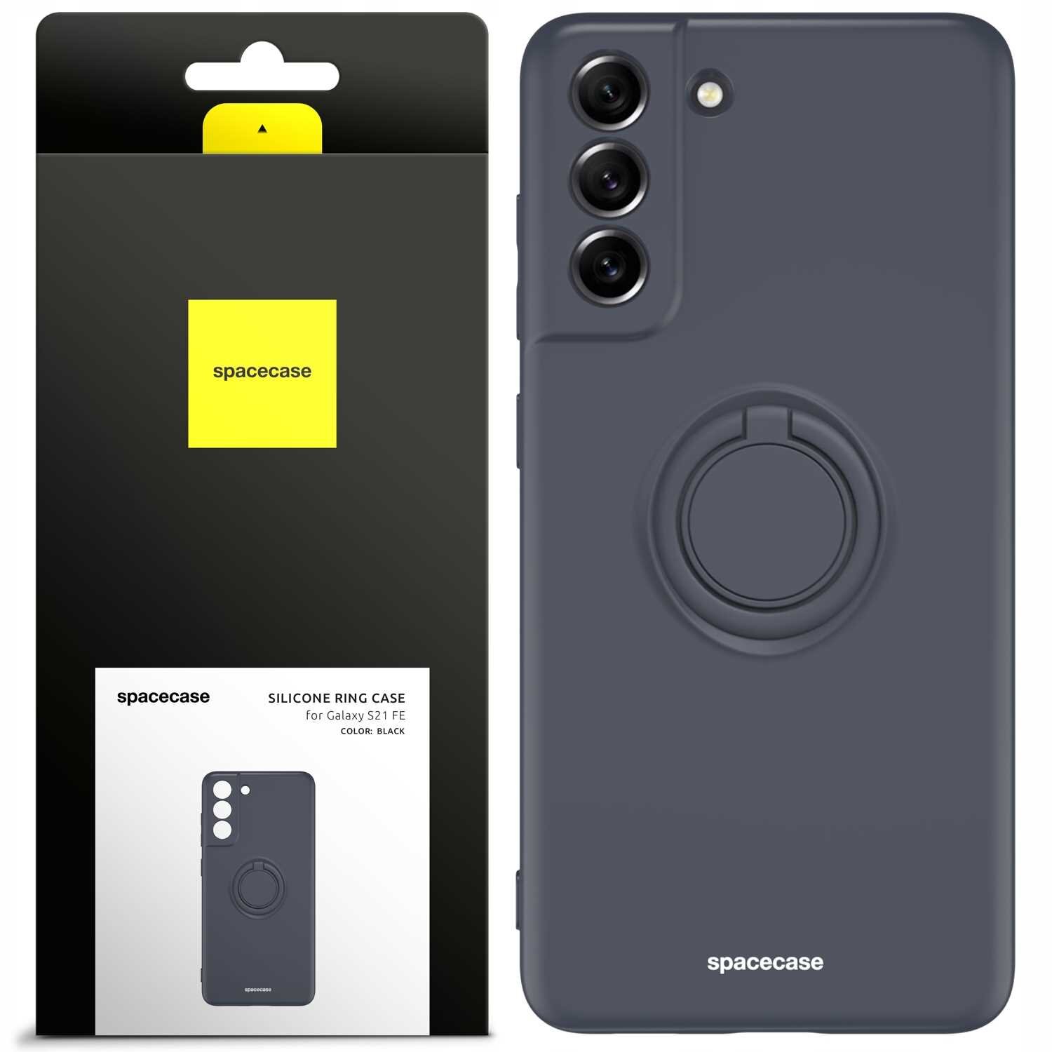 Obraz przedstawia czarne silikonowe etui z pierścieniem na telefon Galaxy S21 FE. Opakowanie produktu ma żółte logo \'spacecase\' i zawiera zdjęcie etui oraz napis \'SILICONE RING CASE for Galaxy S21 FE COLOR: BLACK\'.