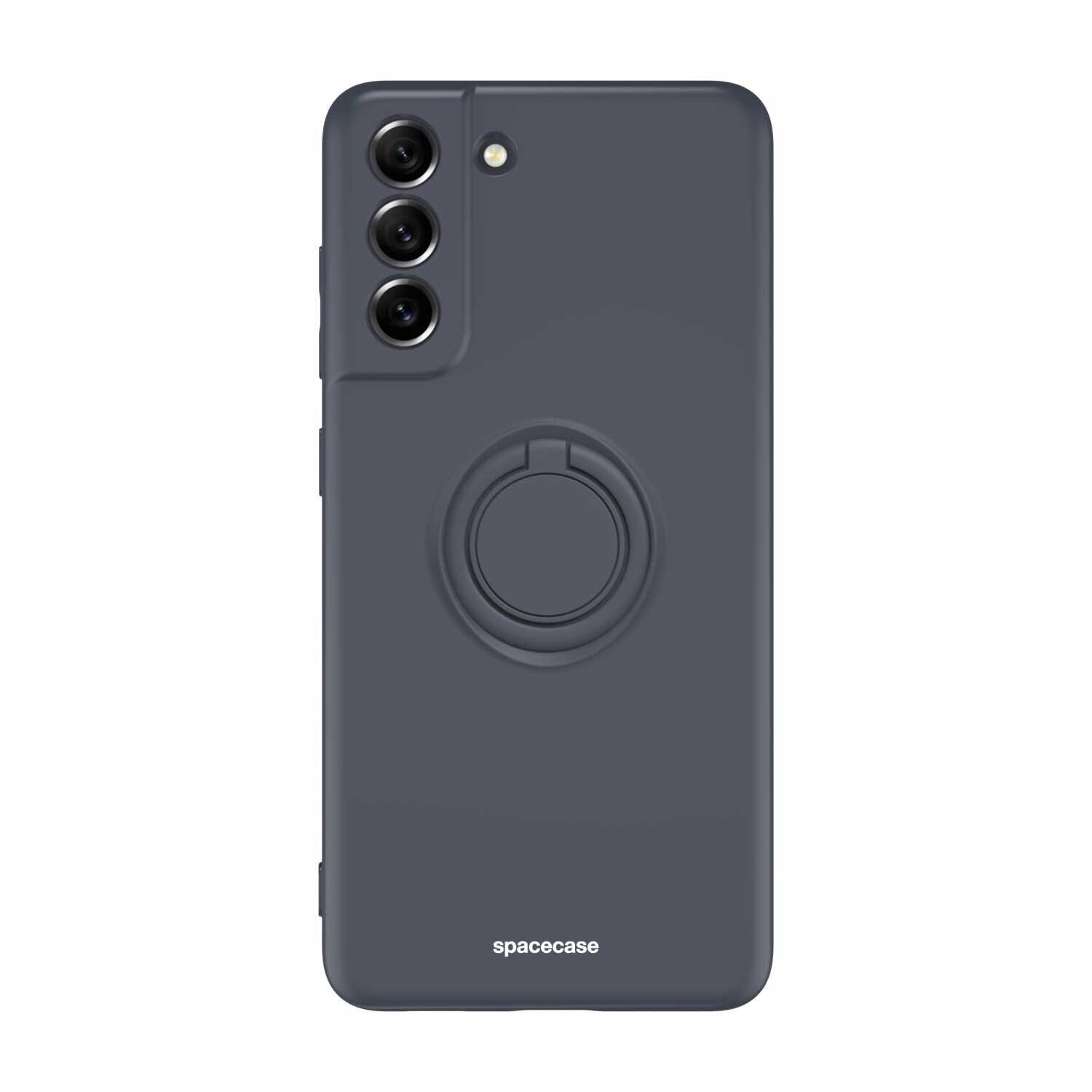 Czarne silikonowe etui z pierścieniem na tylnej stronie, przeznaczone do telefonu Galaxy S21 FE. Na dole widoczny jest napis \'spacecase\'.