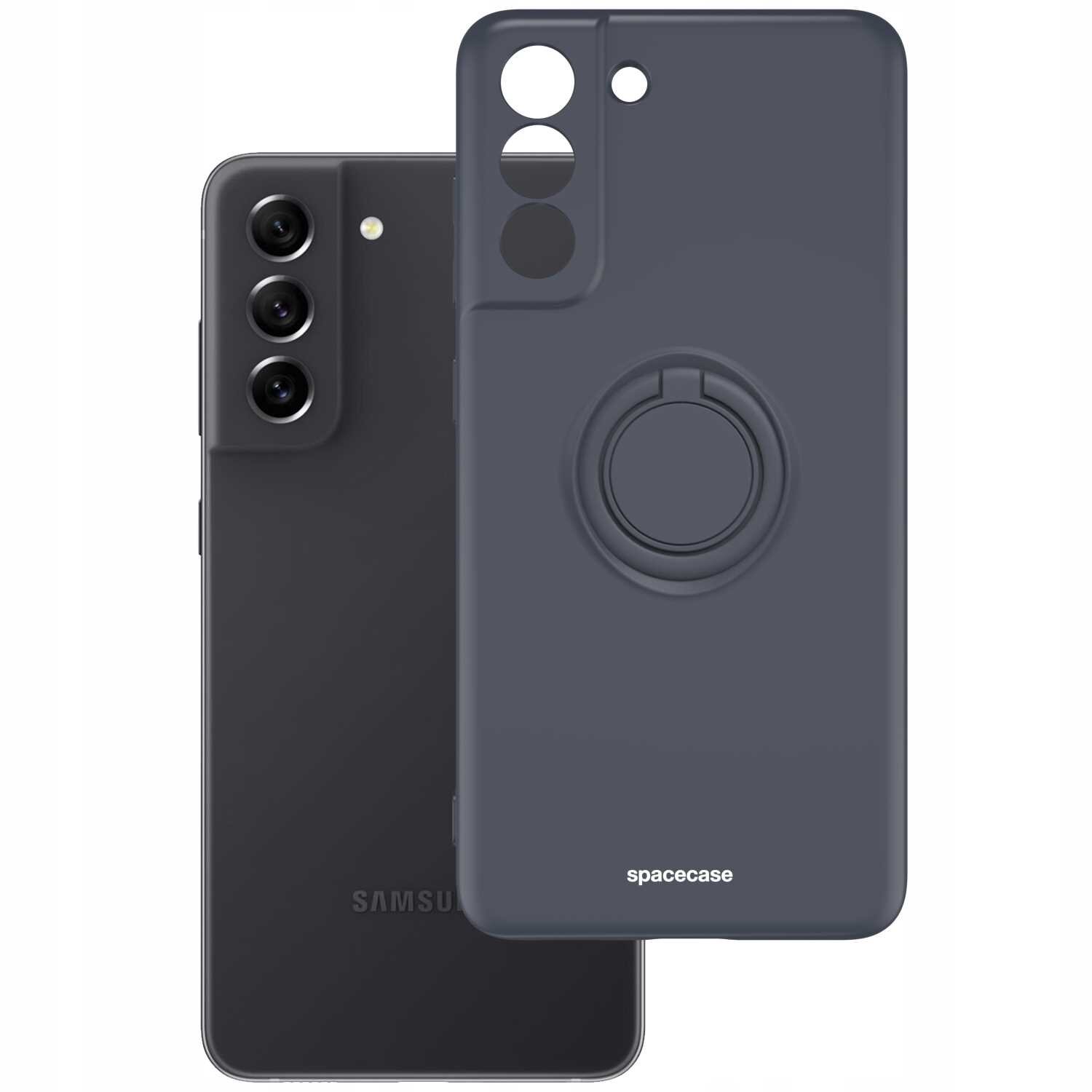 Na obrazie widoczne jest czarne silikonowe etui z pierścieniem na tylnej stronie, obok smartfona z trzema kamerami. Na etui znajduje się napis \'spacecase\'.
