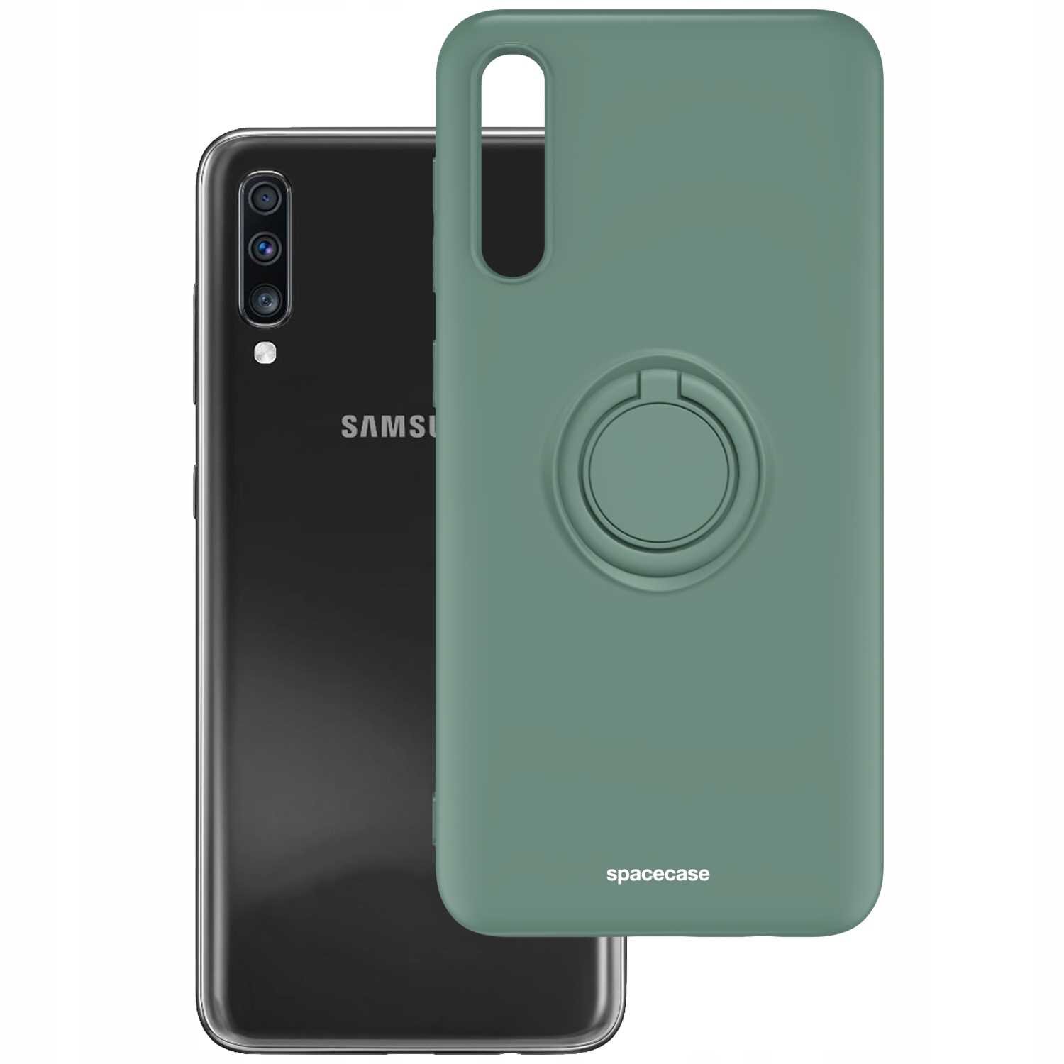 Na obrazie widoczne jest zielone silikonowe etui z pierścieniem, z napisem \'spacecase\'. W tle znajduje się czarny smartfon z logo \'SAMSUNG\'.