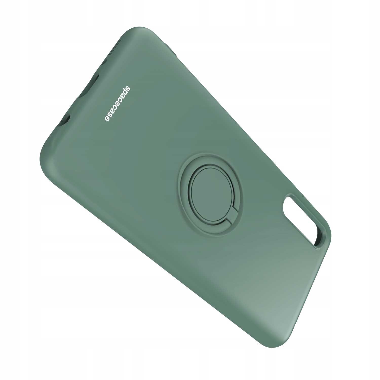 Zielone silikonowe etui z napisem \'SPACECASE\' i wbudowanym pierścieniem na tylnej stronie. Etui ma wycięcie na aparat.