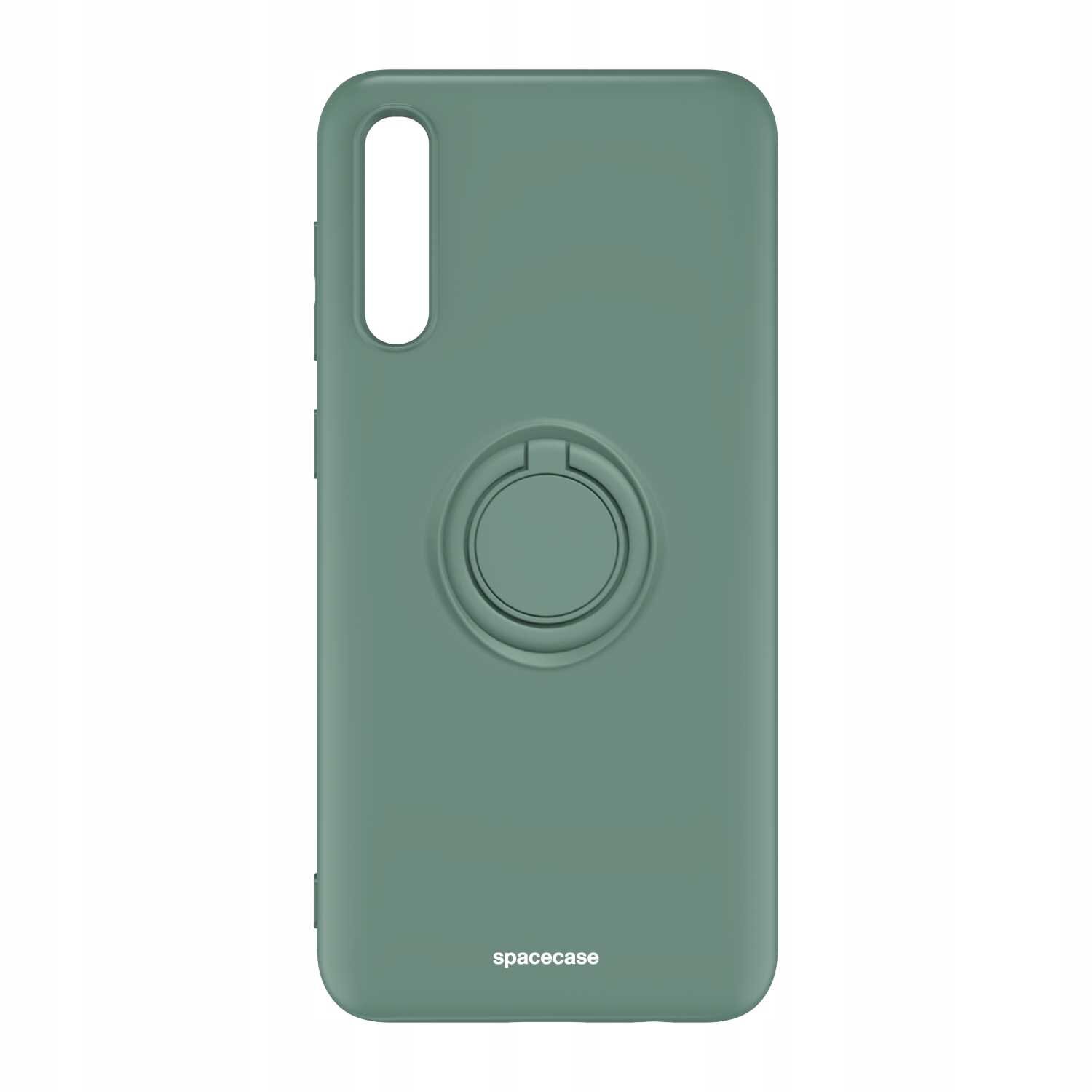 Zielone silikonowe etui z pierścieniem na tylnej stronie, z wycięciem na aparat. Na dole widoczny jest napis \'spacecase\'.