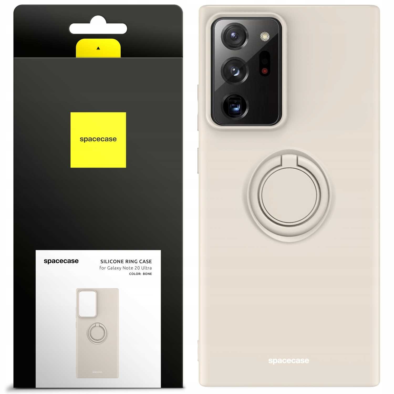 Obraz przedstawia silikonowe etui w kolorze beżowym z pierścieniem na tylnej stronie, przeznaczone do Galaxy Note 20 Ultra. Opakowanie produktu ma czarną i żółtą kolorystykę z logo \'spacecase\'.