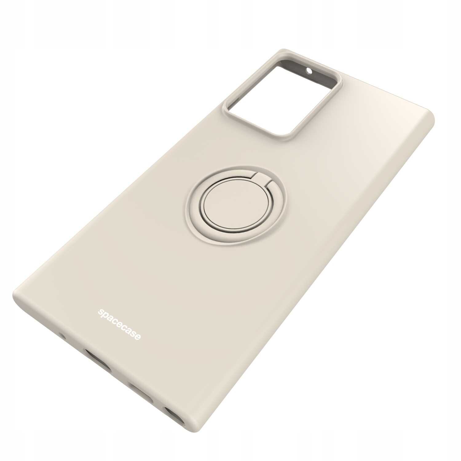 Beżowe silikonowe etui z pierścieniem na tylnej stronie, przeznaczone do Galaxy Note 20 Ultra. Na etui widoczne jest logo \'spacecase\'.