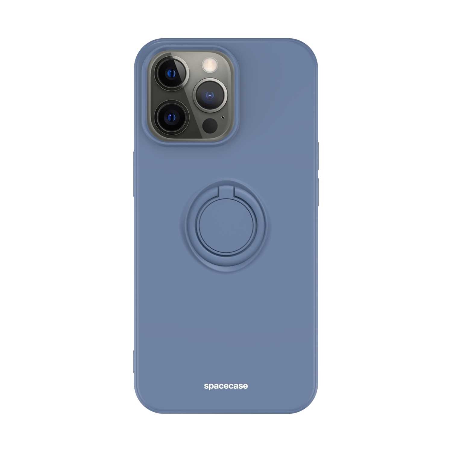 Niebieskie silikonowe etui z pierścieniem na tylnej stronie, przeznaczone do iPhone 13 Pro Max. Na dole widoczne jest logo \'spacecase\'.