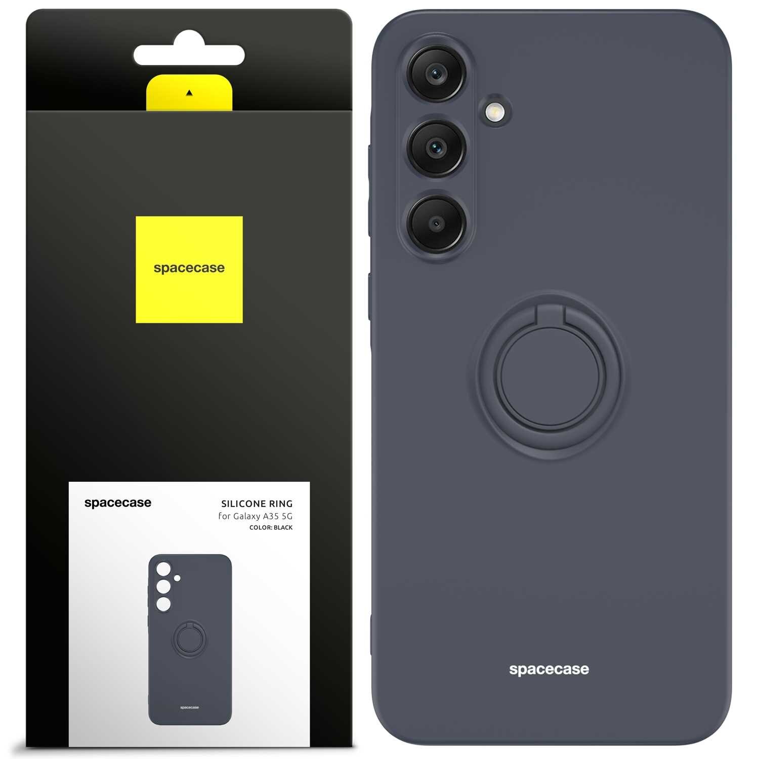Obraz przedstawia czarne silikonowe etui SPACECASE Silicone Ring Case do Galaxy A35 5G z pierścieniem na tylnej stronie. Opakowanie produktu jest widoczne obok, z logo \'spacecase\' i opisem produktu na białym tle.