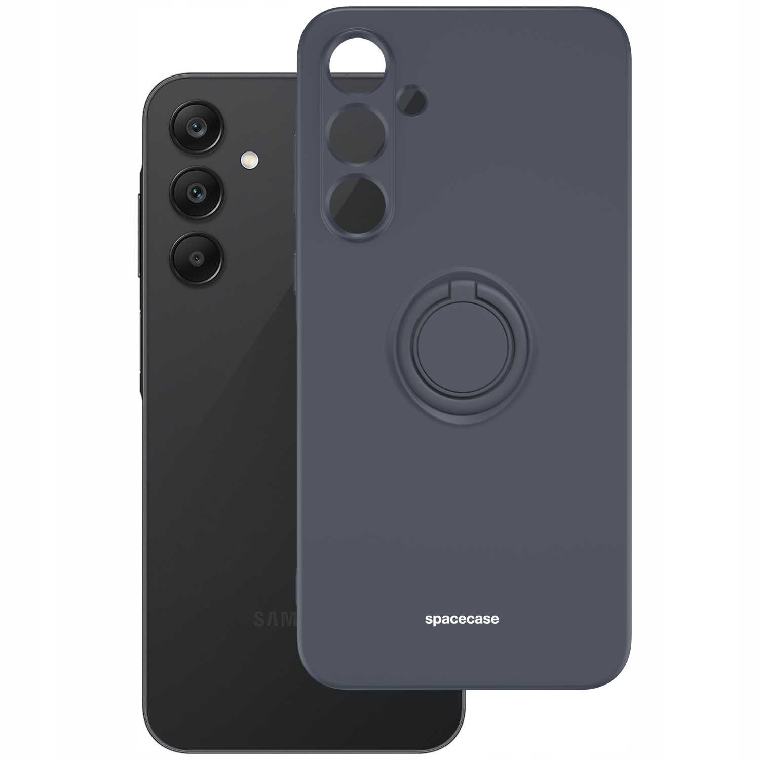 Na obrazie widoczne jest czarne silikonowe etui z pierścieniem na tylnej stronie, obok smartfona z trzema aparatami. Na etui znajduje się napis \'spacecase\'.