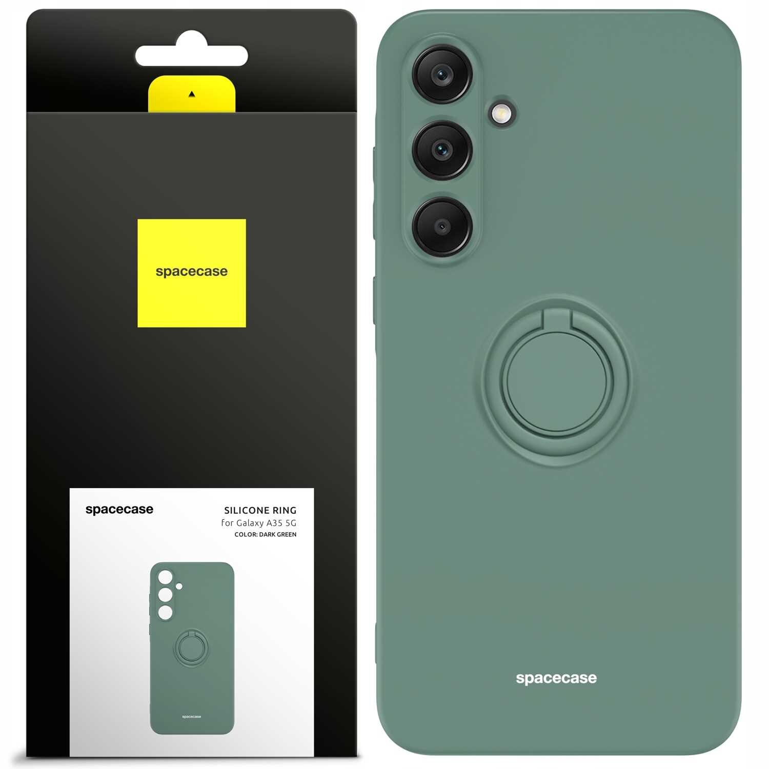 Obraz przedstawia zielone silikonowe etui z pierścieniem na telefon Galaxy A35 5G. Na opakowaniu widnieje logo \'spacecase\' oraz napis \'SILICONE RING for Galaxy A35 5G COLOR DARK GREEN\'.
