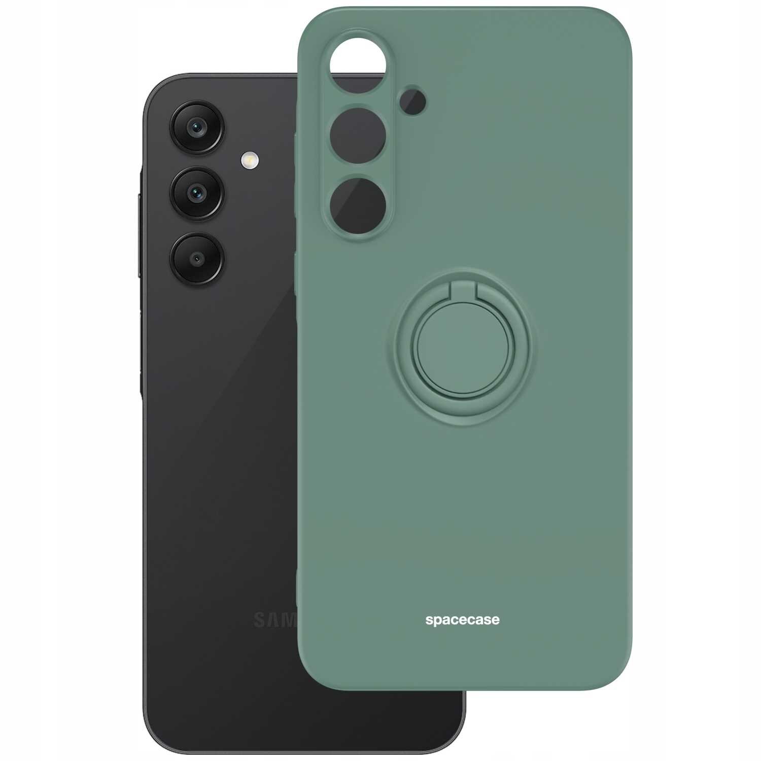 Zielone silikonowe etui z pierścieniem na tylnej stronie, obok czarnego telefonu z trzema aparatami. Na etui widoczny jest napis \'spacecase\'.