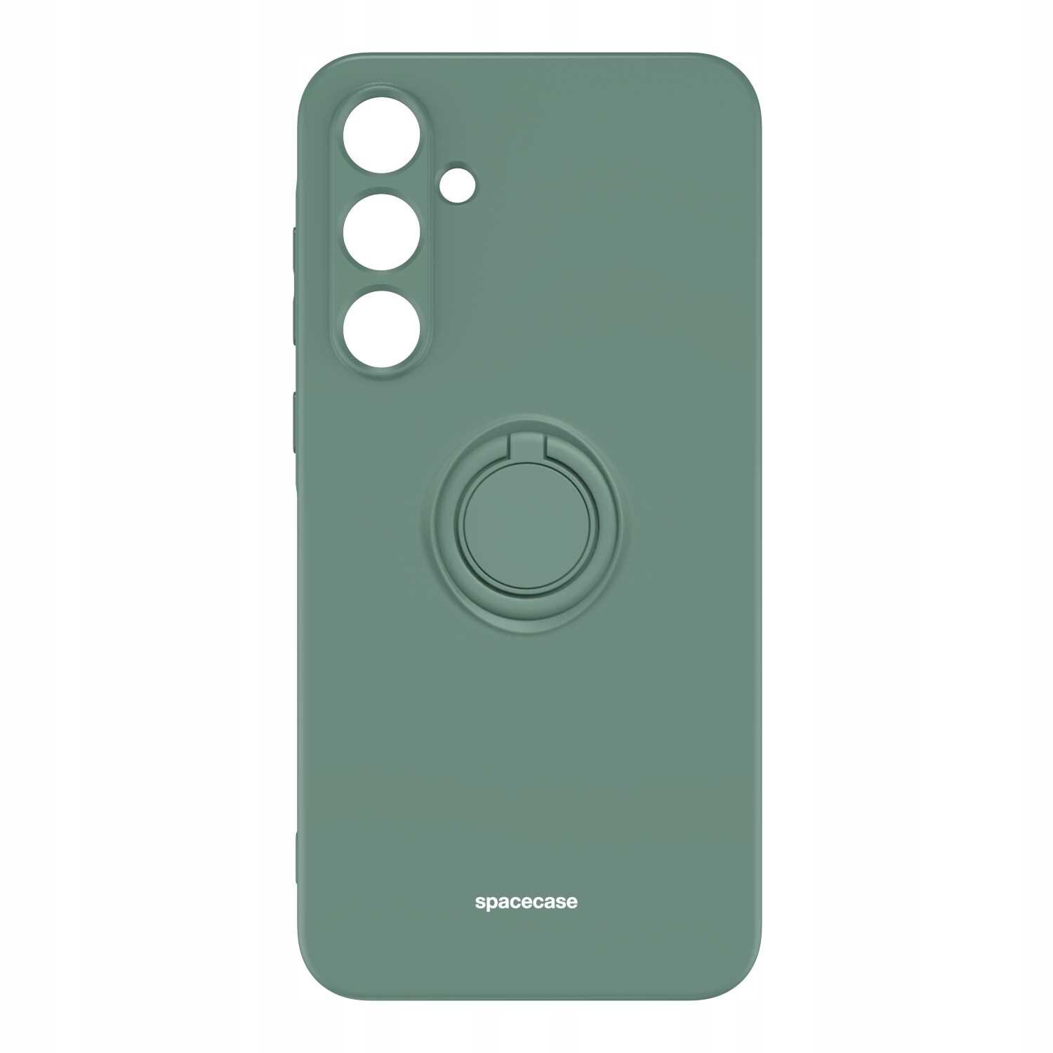 Zielone silikonowe etui z trzema otworami na aparat i wbudowanym pierścieniem na środku. Na dole widoczny jest napis \'spacecase\'.