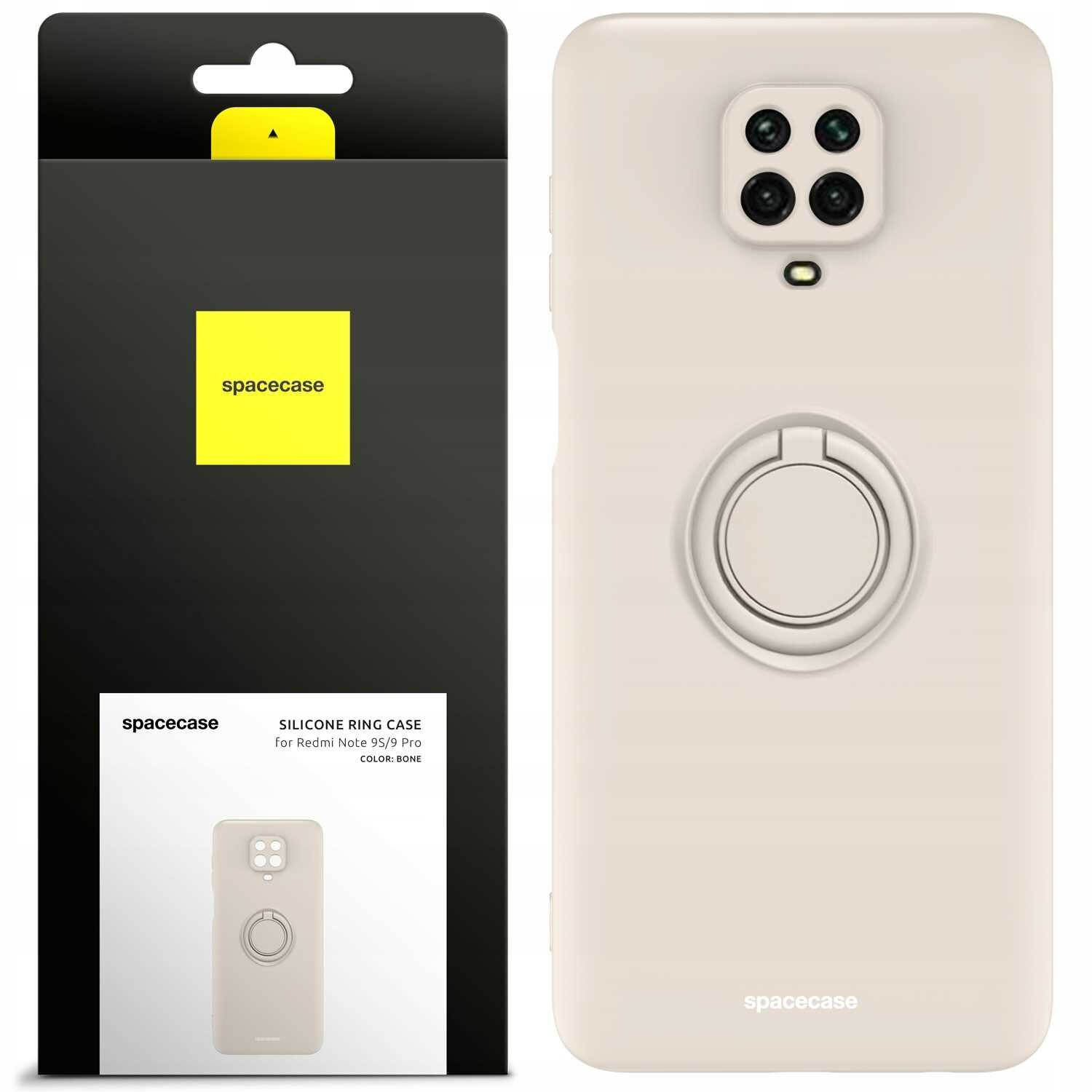 Obraz przedstawia beżowe silikonowe etui z pierścieniem na telefon, obok opakowanie z logo \'spacecase\'. Na opakowaniu widnieje napis: \'SILICONE RING CASE for Redmi Note 9S/9 Pro COLOR: BONE\'.