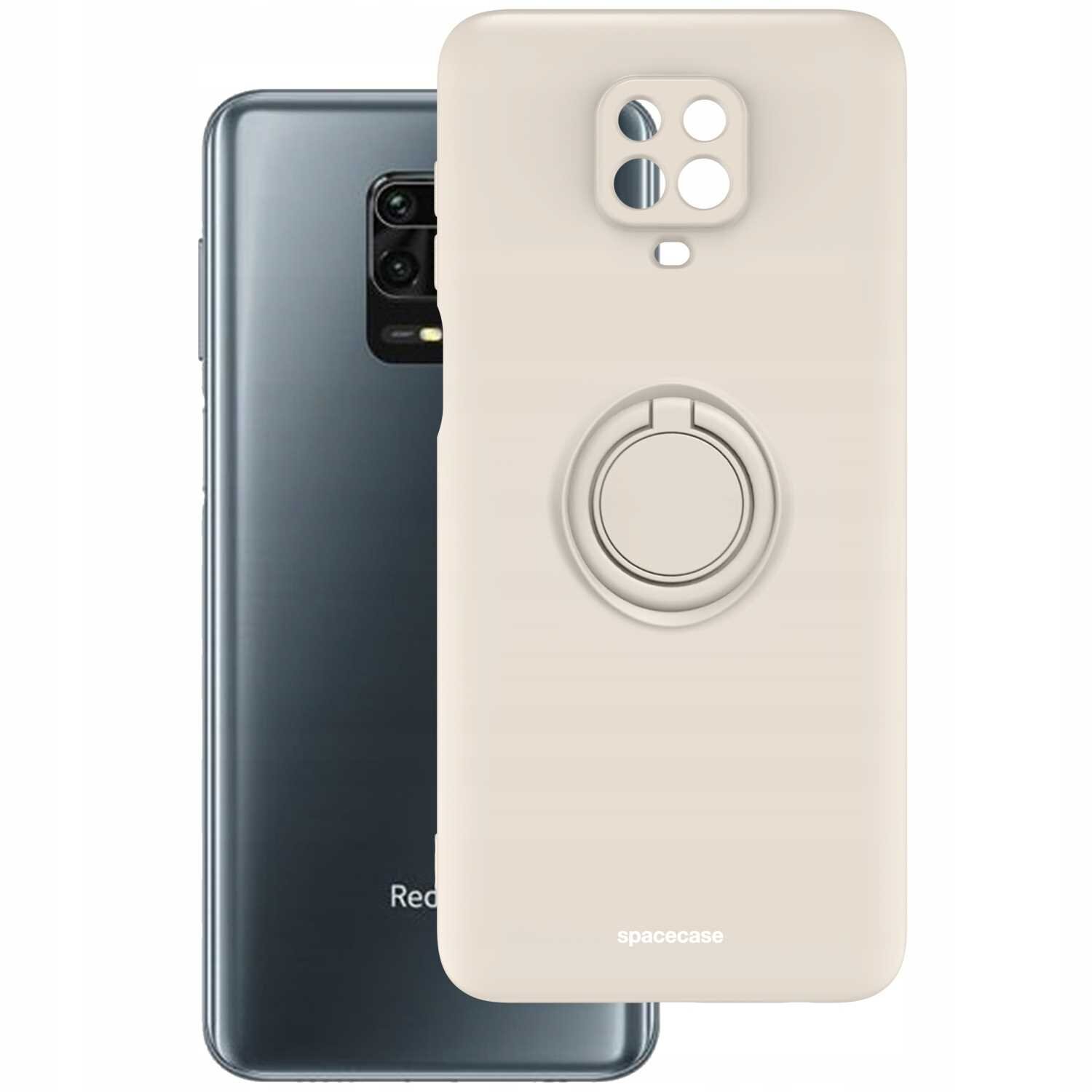 Obraz przedstawia beżowe silikonowe etui z pierścieniem na telefon, z wycięciami na aparat i logo \'spacecase\'. W tle widoczny jest telefon z napisem \'Redmi\'.