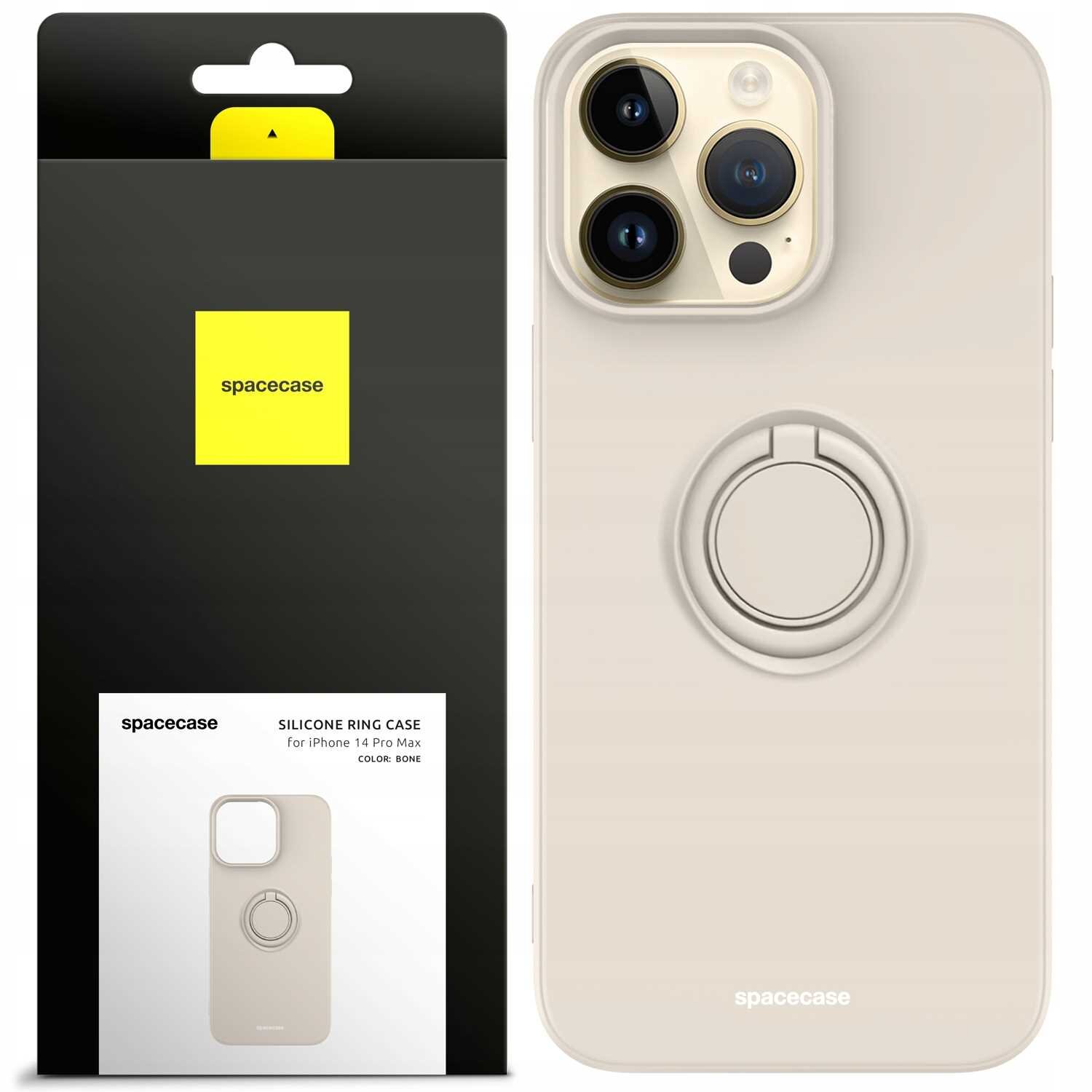 Obraz przedstawia silikonowe etui w kolorze beżowym z pierścieniem na tylnej stronie, przeznaczone do iPhone 14 Pro Max. Obok znajduje się opakowanie z logo \'spacecase\' i napisem \'SILICONE RING CASE for iPhone 14 Pro Max COLOR: BONE\'.