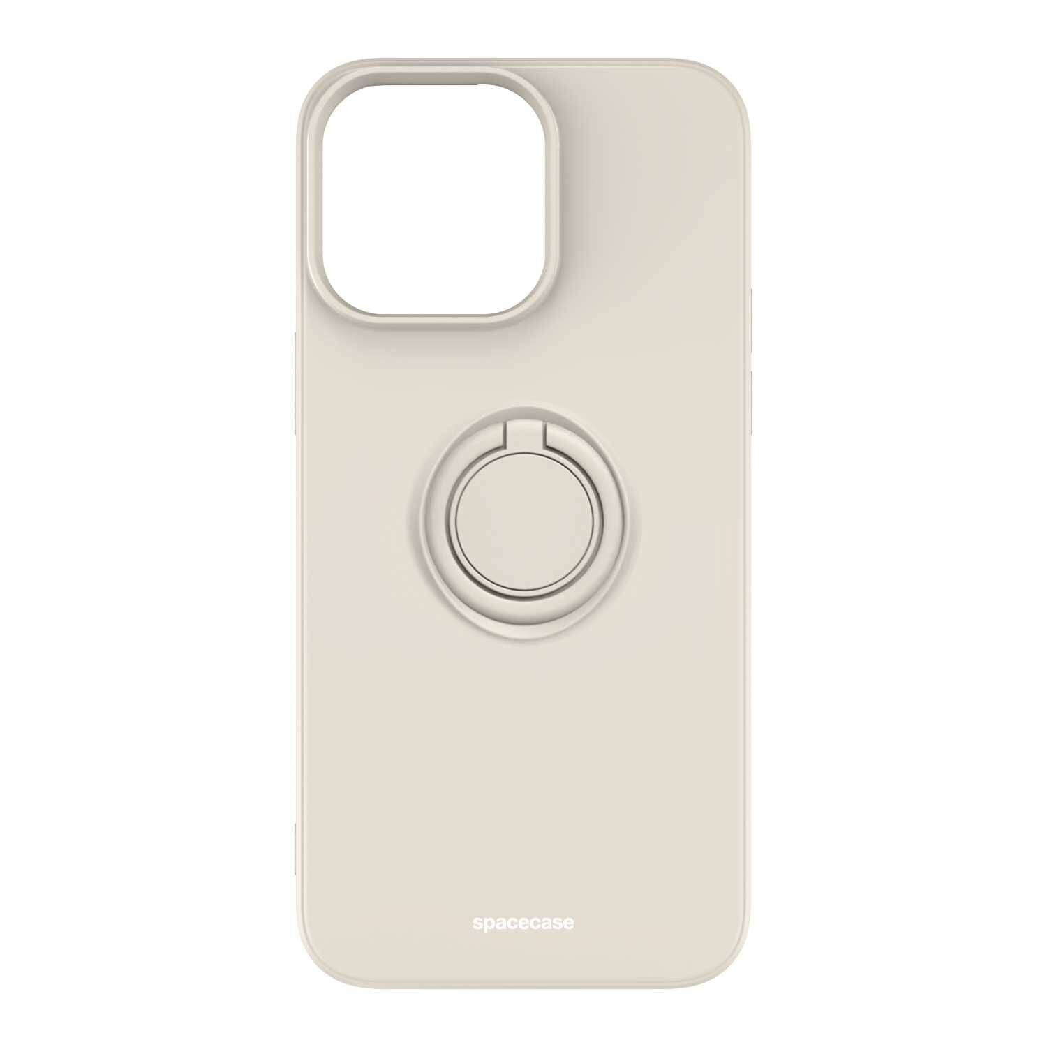 Beżowe silikonowe etui z pierścieniem na tylnej stronie, przeznaczone do iPhone 14 Pro Max. Na dole widoczny jest napis \'spacecase\'.