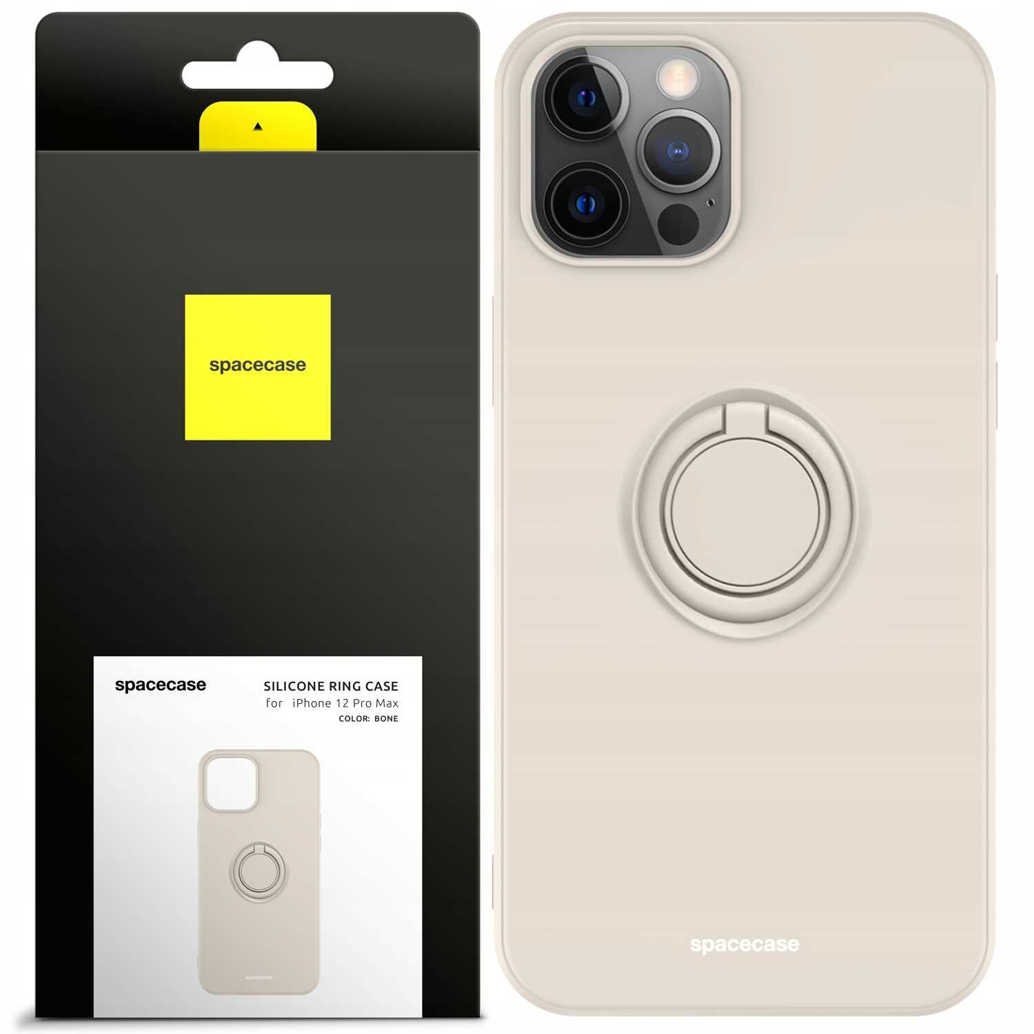 Obraz przedstawia silikonowe etui w kolorze beżowym z pierścieniem na tylnej stronie, przeznaczone do iPhone 12 Pro Max. Opakowanie produktu zawiera logo \'spacecase\' oraz napis \'SILICONE RING CASE for iPhone 12 Pro Max COLOR: BONE\'.