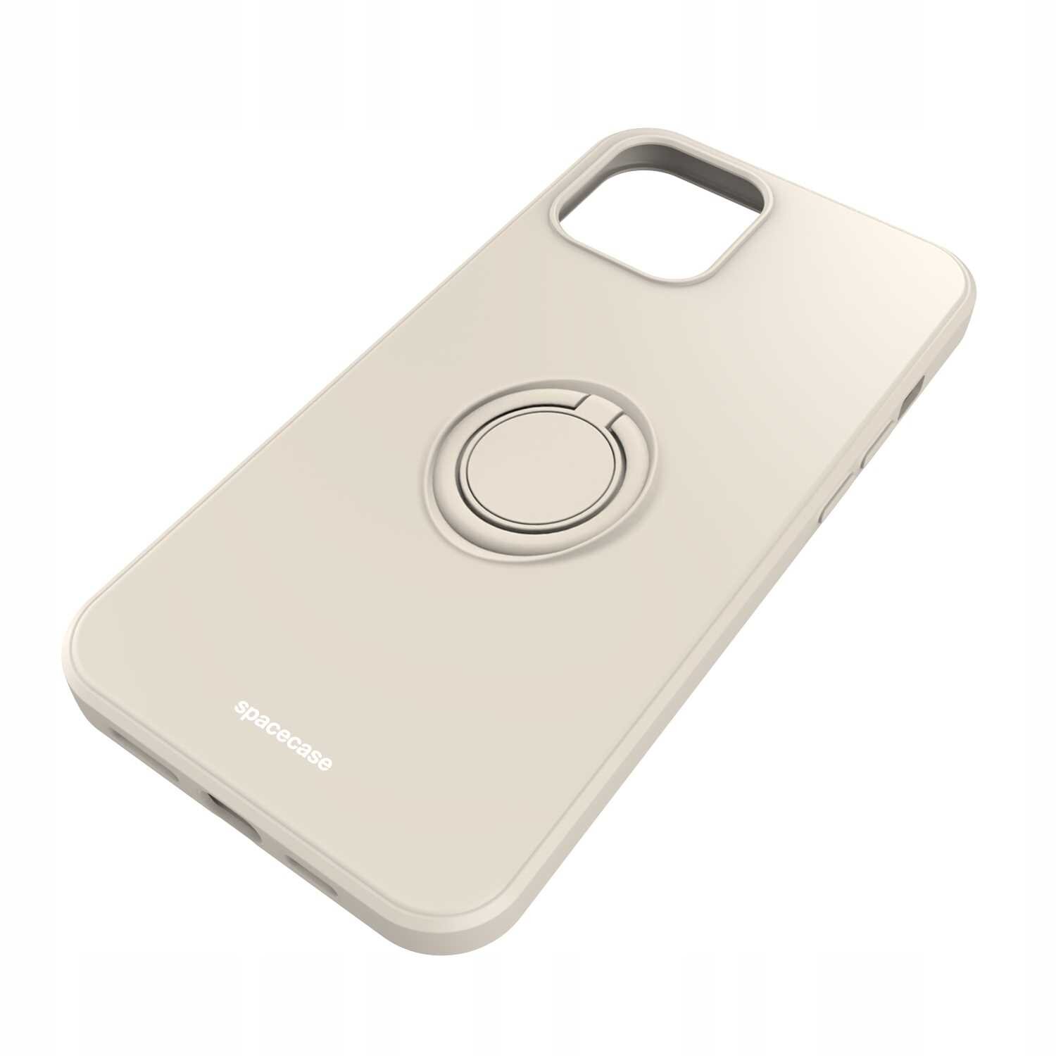 Beżowe silikonowe etui z pierścieniem na tylnej stronie, przeznaczone do iPhone 12 Pro Max. Na etui widoczne jest logo \'spacecase\'.