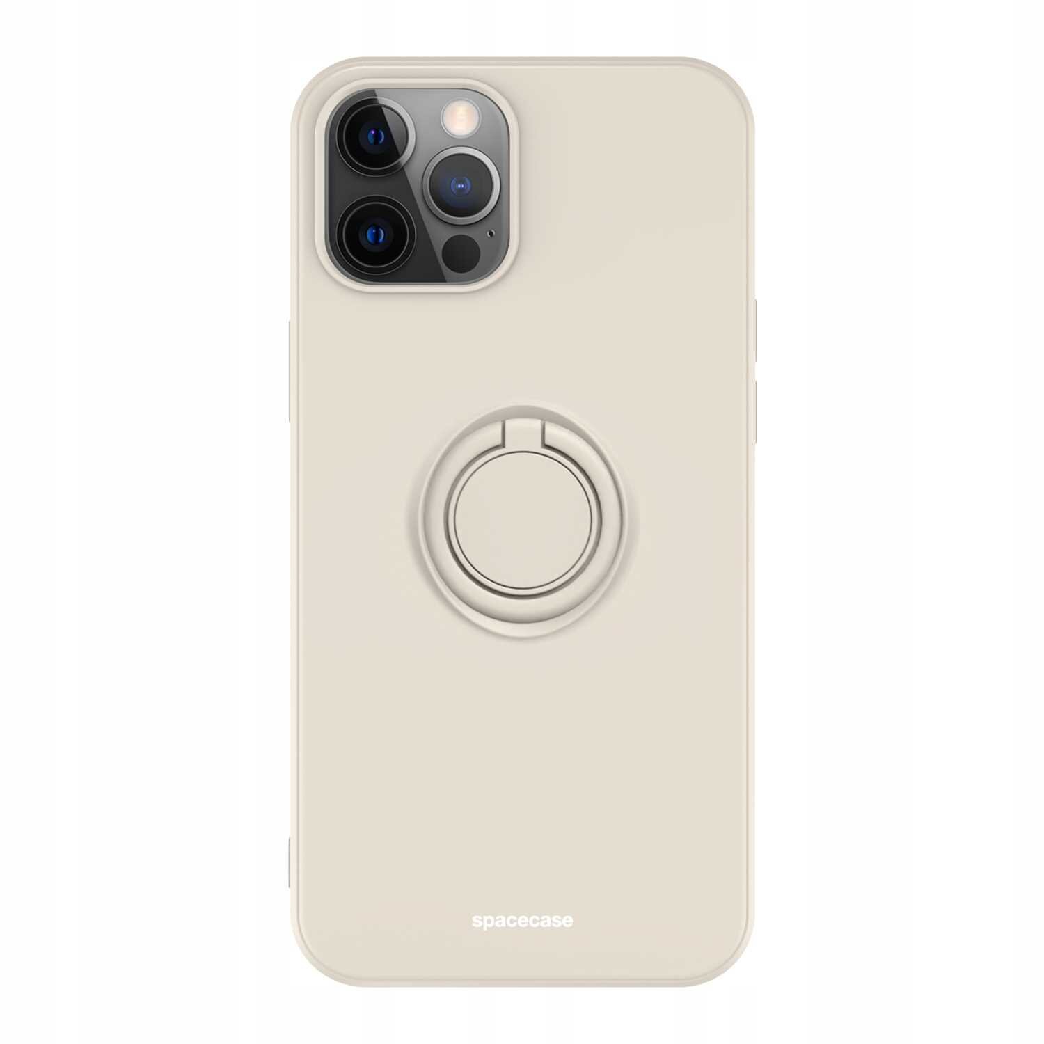 Beżowe silikonowe etui z pierścieniem na tylnej stronie, przeznaczone do iPhone 12 Pro Max. Na dole widoczne jest logo \'spacecase\'.