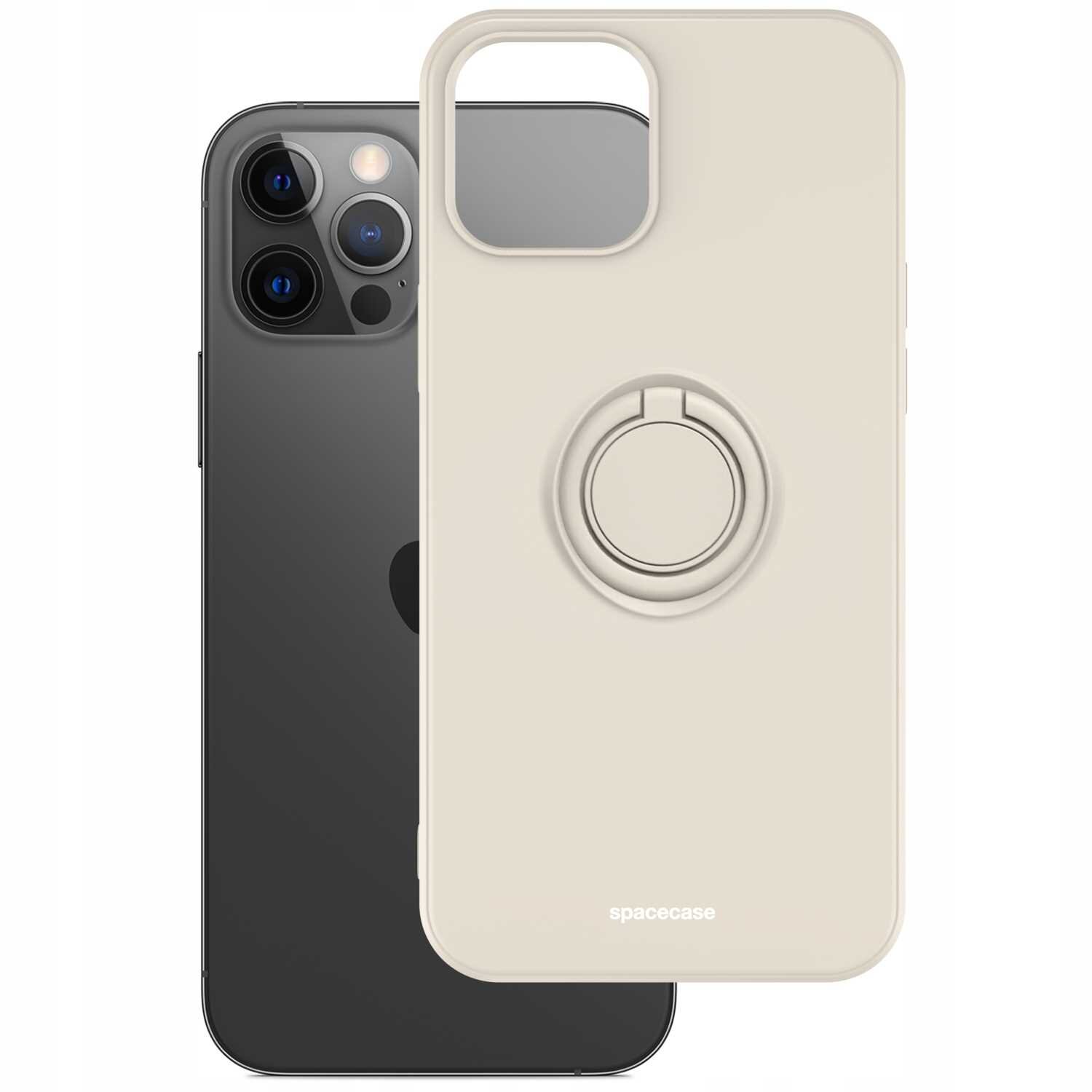 Na obrazie widoczne jest beżowe silikonowe etui z pierścieniem, przeznaczone do telefonu iPhone 12 Pro Max. Na etui znajduje się napis \'spacecase\'.